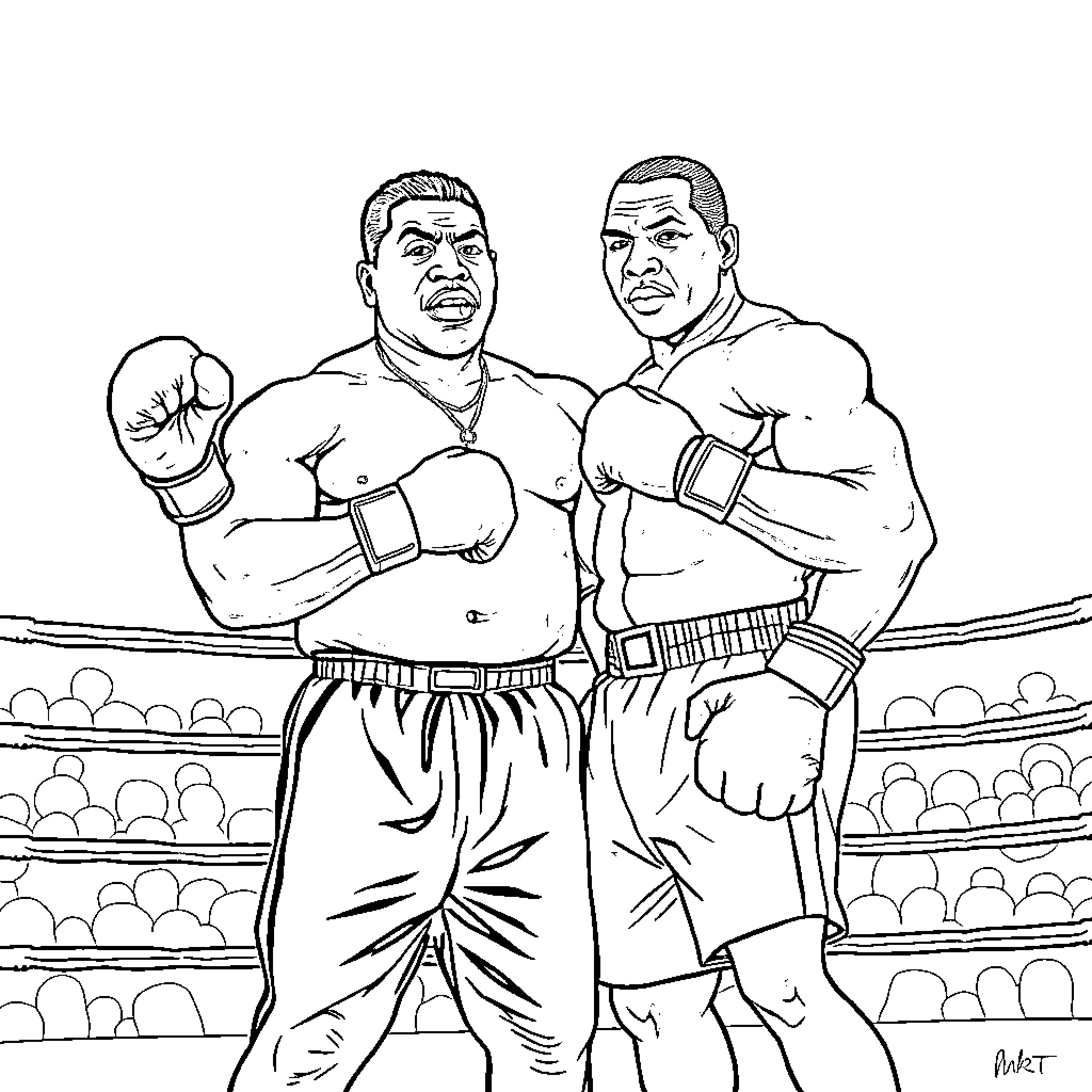 Boxer rivals meet in the ring Coloring Page (free black-and-white line drawing printable PDF for all, from beginners to advanced learners, including children, teens, adults, and seniors)