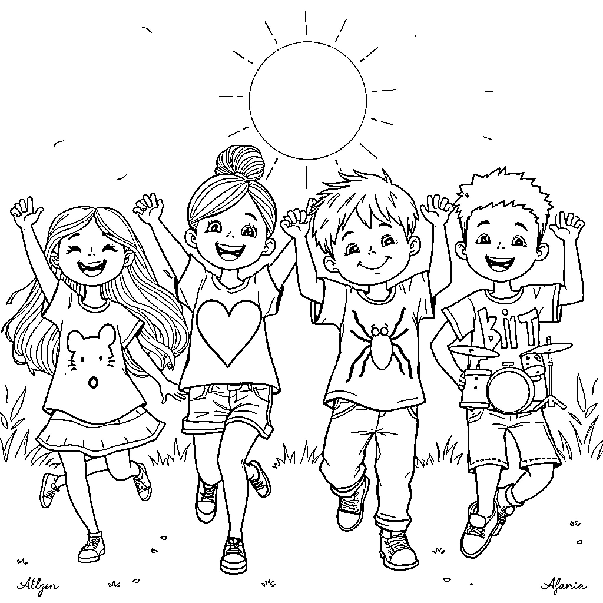 Kid friends having fun in the sun Coloring Page (free black-and-white line drawing printable PDF for all, from beginners to advanced learners, including children, teens, adults, and seniors)