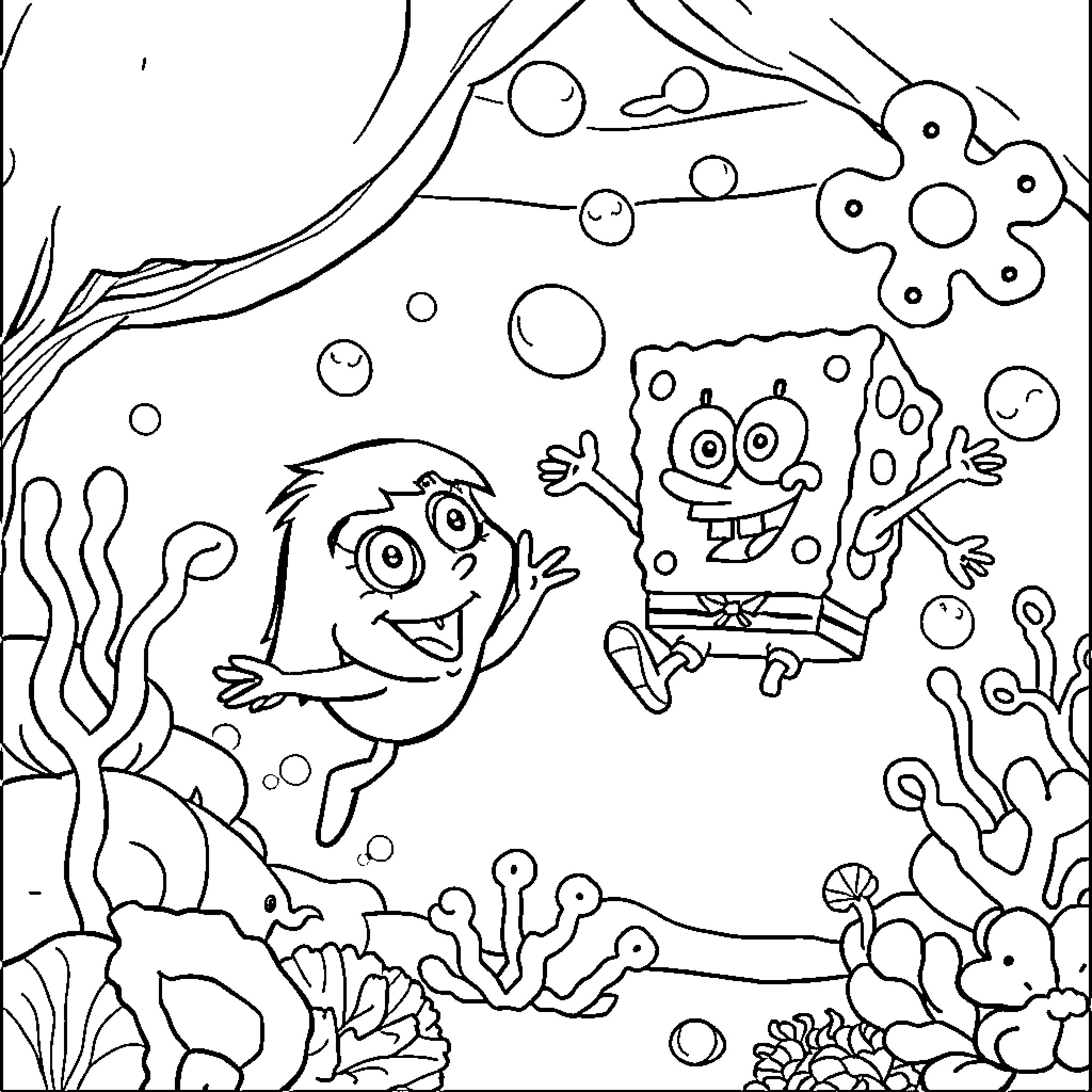 Dora and SpongeBob explore the underwater world Coloring Page (free black-and-white line drawing printable PDF for all, from beginners to advanced learners, including children, teens, adults, and seniors)