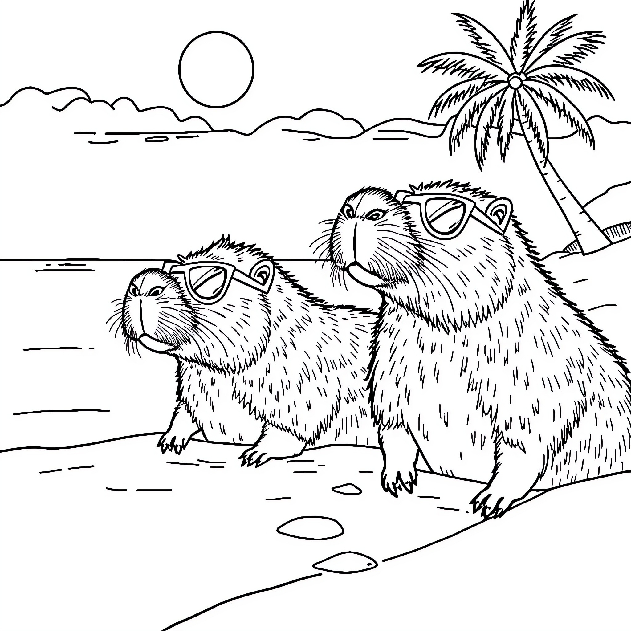 Capybara enjoying a tropical beach scene Coloring Page (free black-and-white line drawing printable PDF for all, from beginners to advanced learners, including children, teens, adults, and seniors)