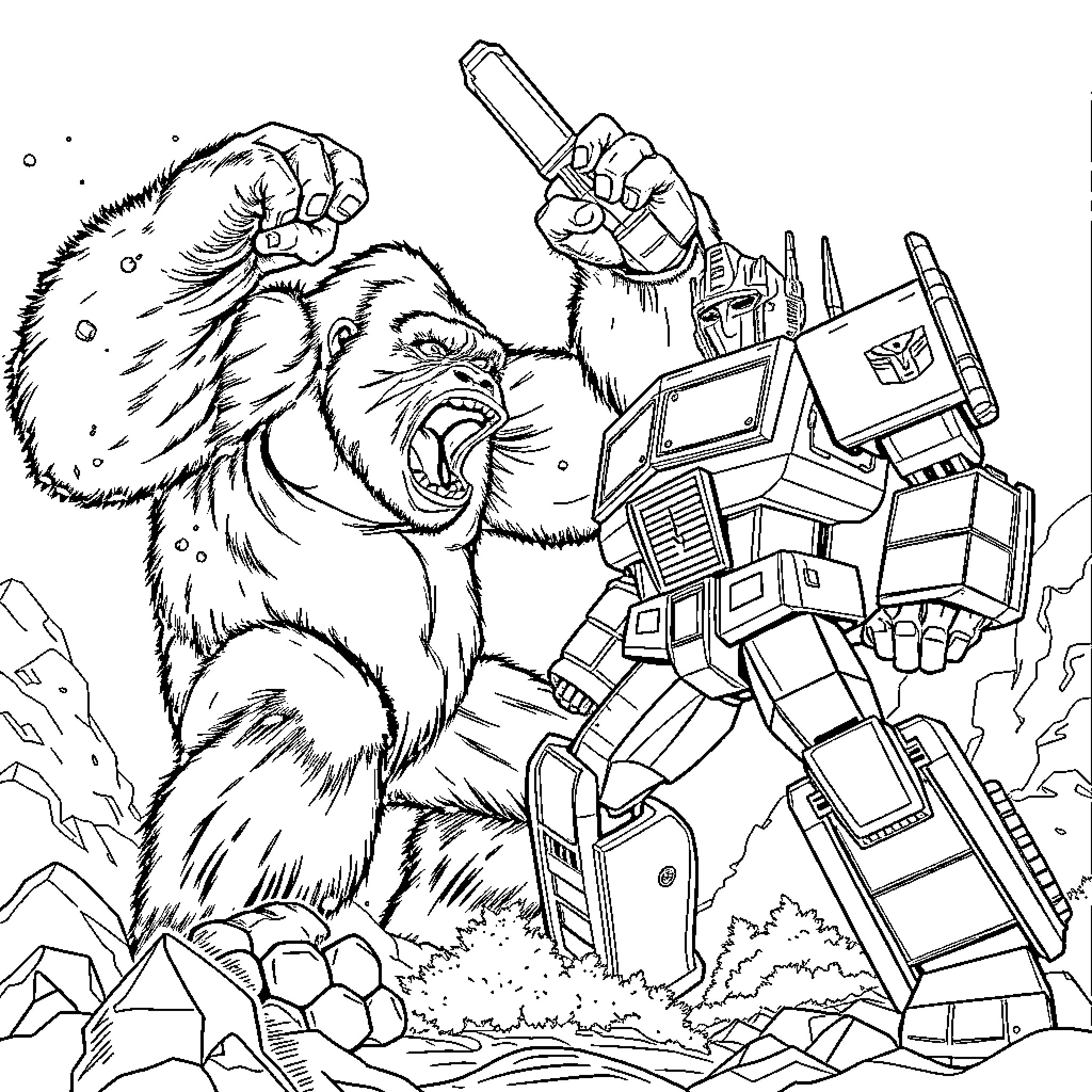 King Kong facing off against a giant robot Coloring Page (free black-and-white line drawing printable PDF for all, from beginners to advanced learners, including children, teens, adults, and seniors)