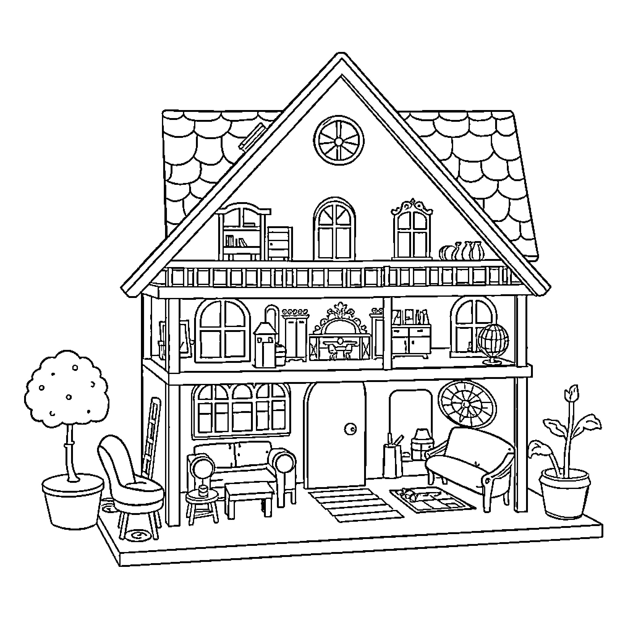 Dollhouse with detailed interior and exterior furnishings Coloring Page (free black-and-white line drawing printable PDF for all, from beginners to advanced learners, including children, teens, adults, and seniors)