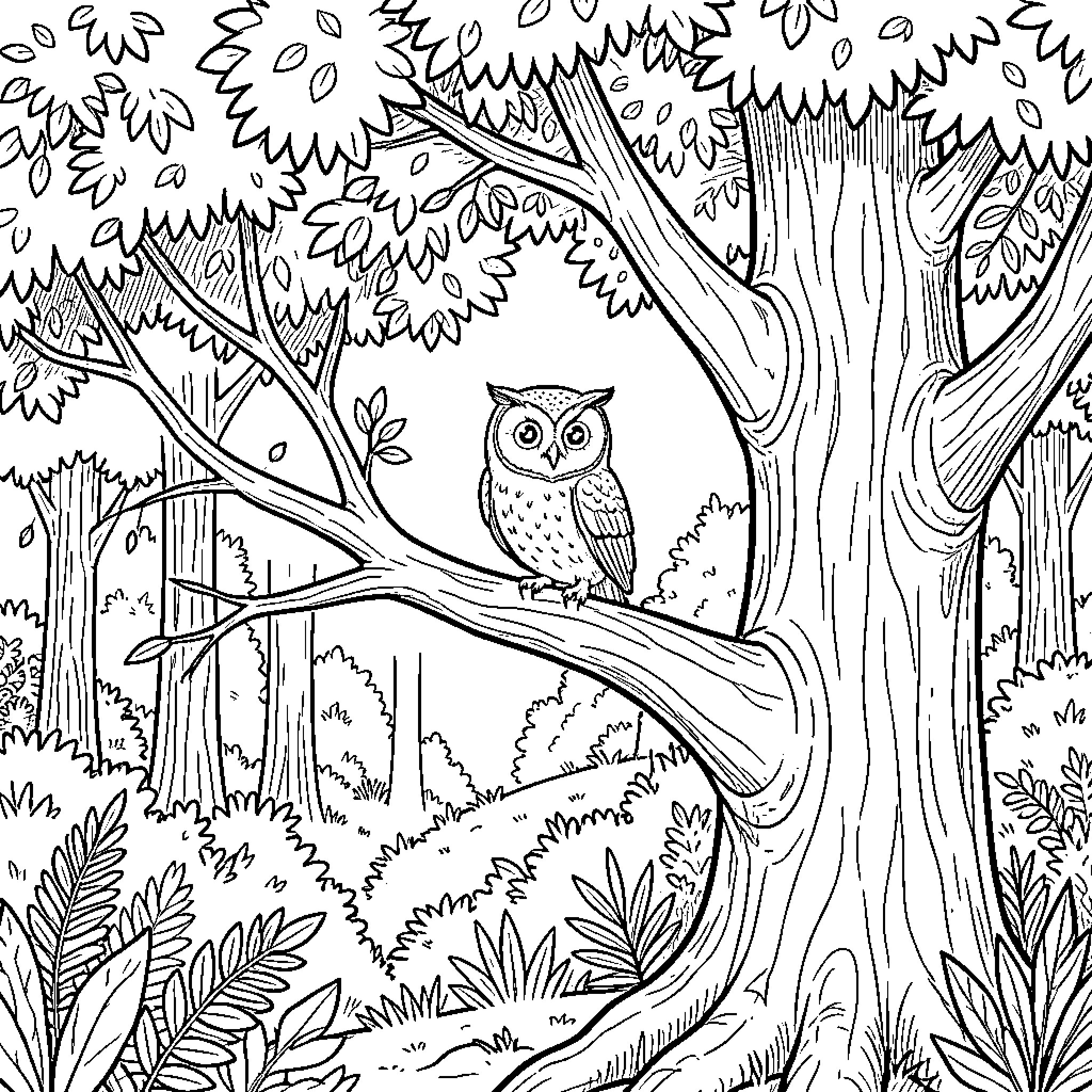 Owl perched on a tree in a forest Coloring Page (free black-and-white line drawing printable PDF for all, from beginners to advanced learners, including children, teens, adults, and seniors)