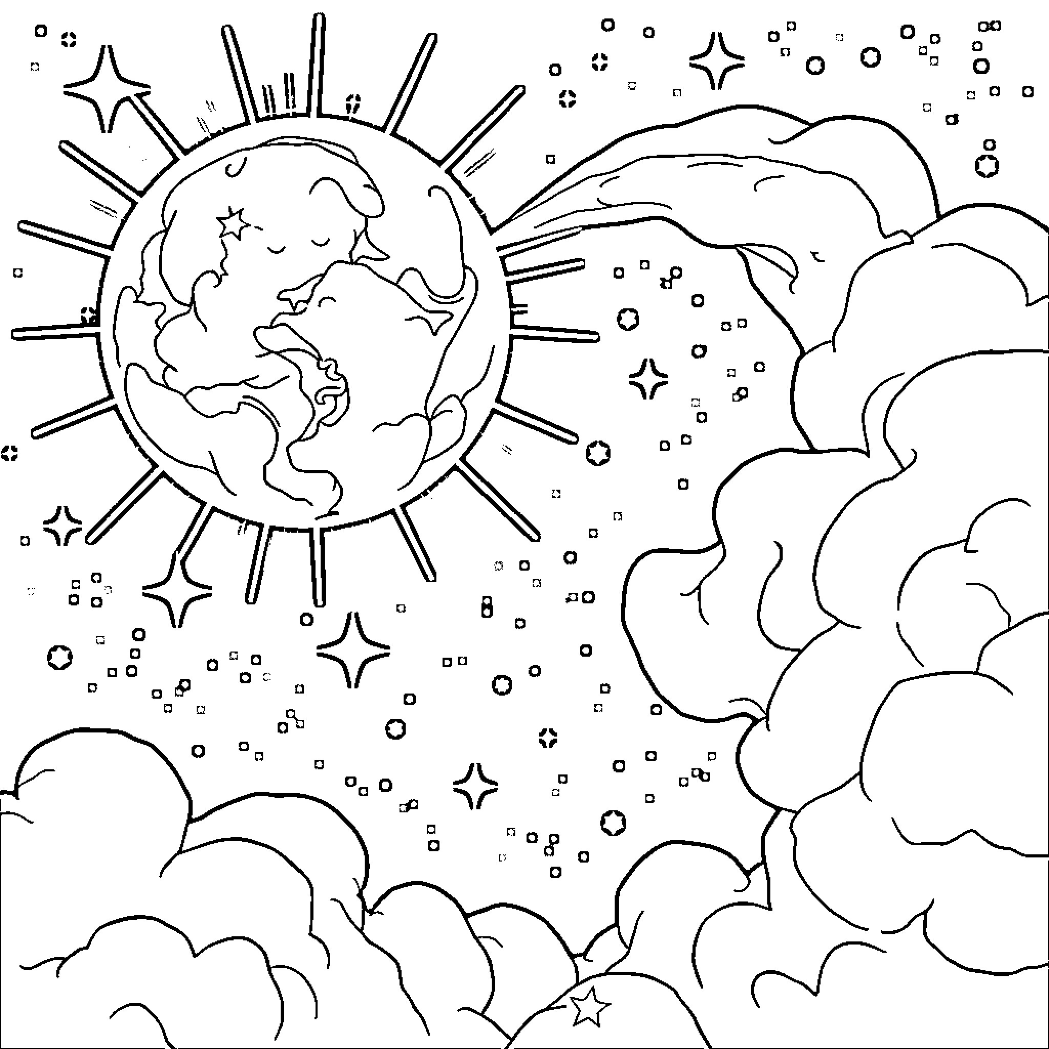 Moon shining over the starry night landscape Coloring Page (free black-and-white line drawing printable PDF for all, from beginners to advanced learners, including children, teens, adults, and seniors)