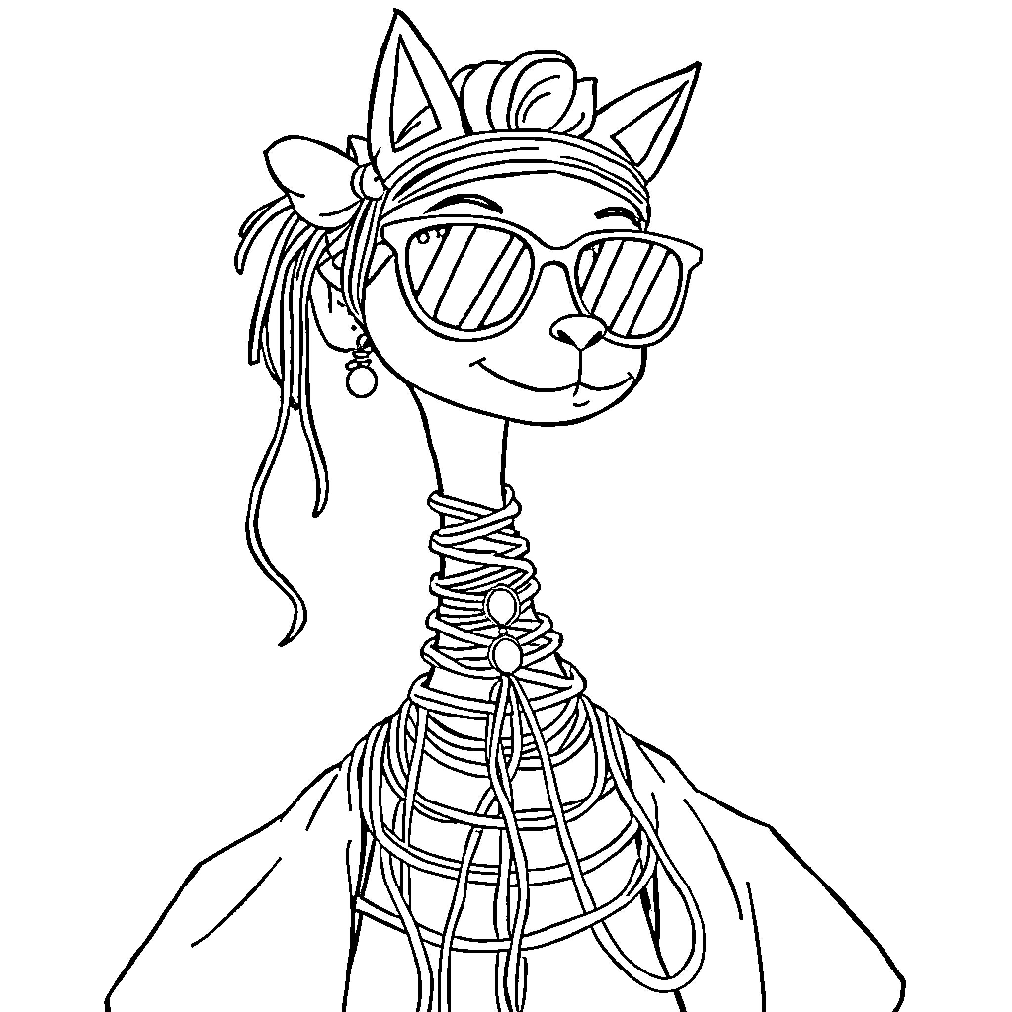 Mercredi's Eccentric Feline with Whimsical Accessories Coloring Page (free black-and-white line drawing printable PDF for all, from beginners to advanced learners, including children, teens, adults, and seniors)