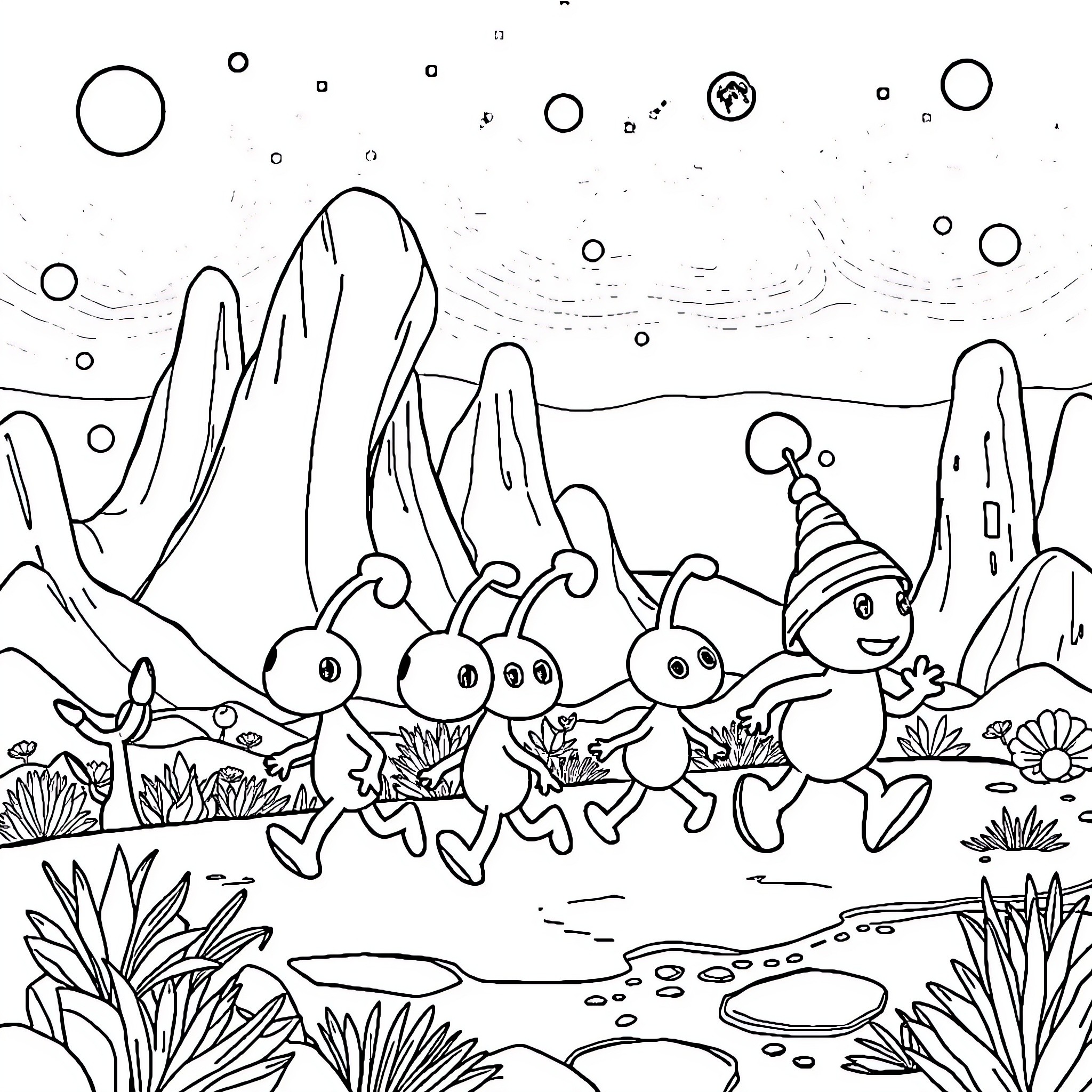 Pikmin exploring the enchanting landscape Coloring Page (free black-and-white line drawing printable PDF for all, from beginners to advanced learners, including children, teens, adults, and seniors)
