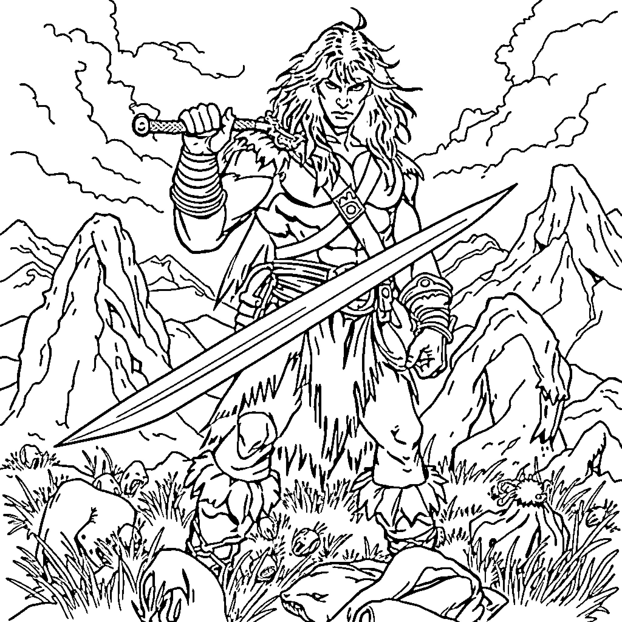 Conan the Barbarian in a heroic battle stance Coloring Page (free black-and-white line drawing printable PDF for all, from beginners to advanced learners, including children, teens, adults, and seniors)