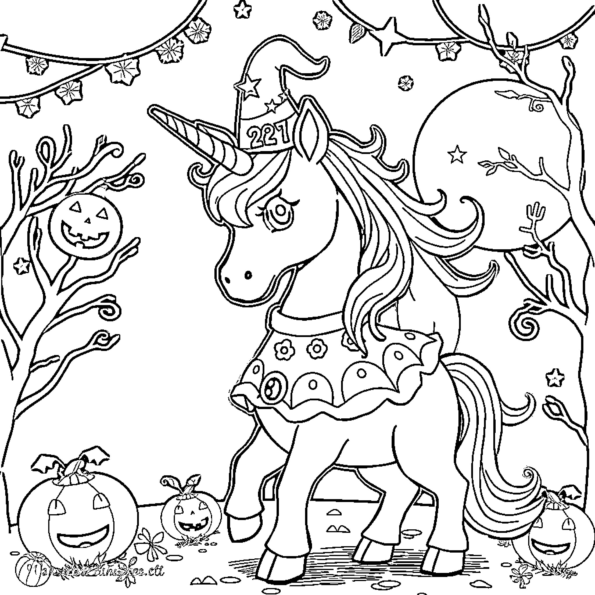 Unicorn celebrating Halloween with pumpkins and lights Coloring Page (free black-and-white line drawing printable PDF for all, from beginners to advanced learners, including children, teens, adults, and seniors)