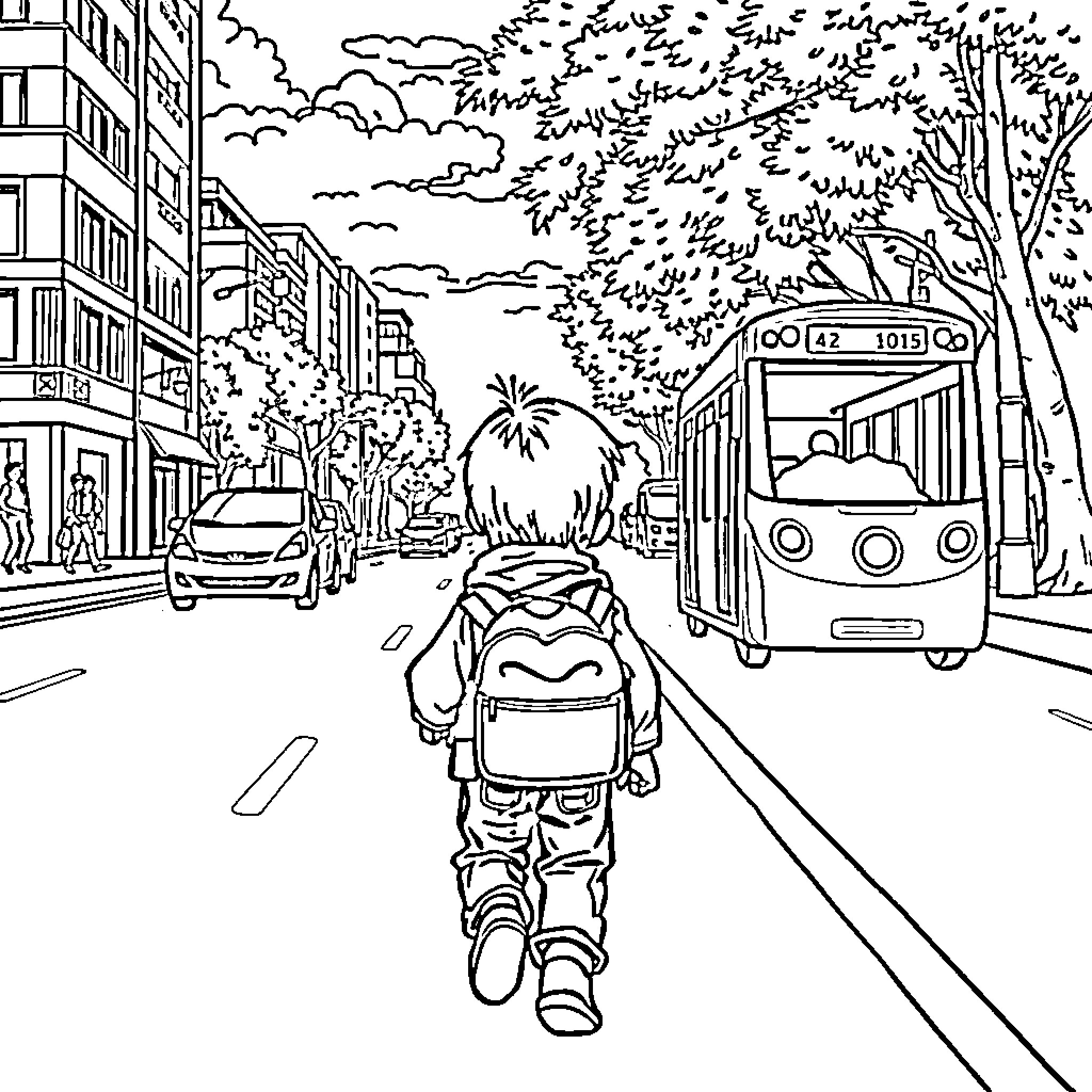 Niño walking to school on a city street Coloring Page (free black-and-white line drawing printable PDF for all, from beginners to advanced learners, including children, teens, adults, and seniors)