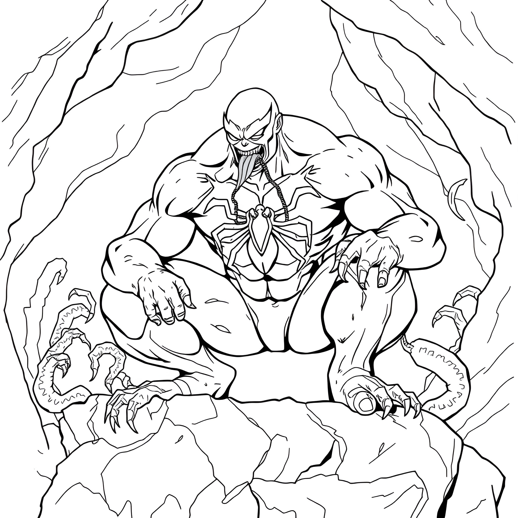 Venom's Powerful Presence in the Rugged Terrain Coloring Page (free black-and-white line drawing printable PDF for all, from beginners to advanced learners, including children, teens, adults, and seniors)