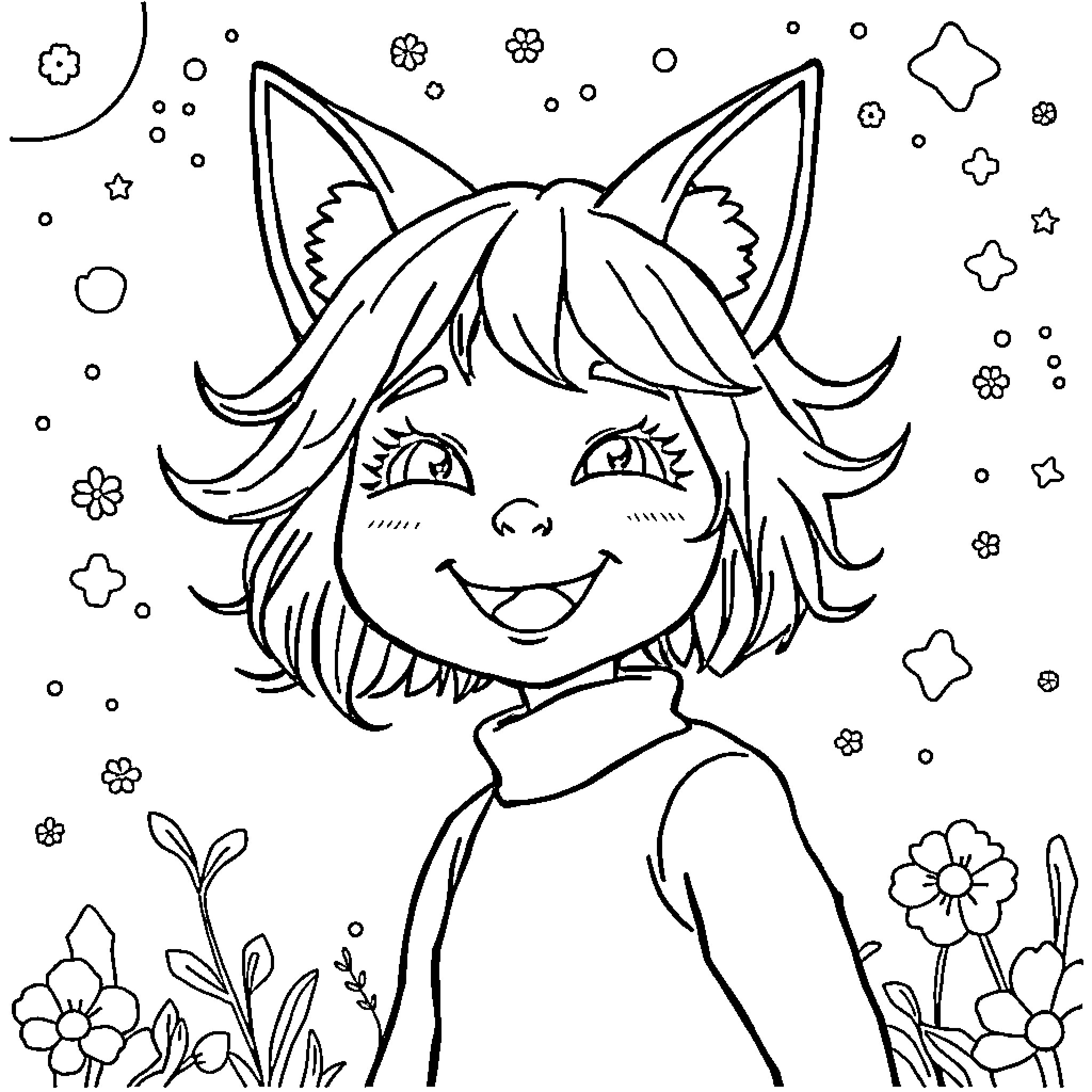 Fille with cat ears in a floral scene Coloring Page (free black-and-white line drawing printable PDF for all, from beginners to advanced learners, including children, teens, adults, and seniors)