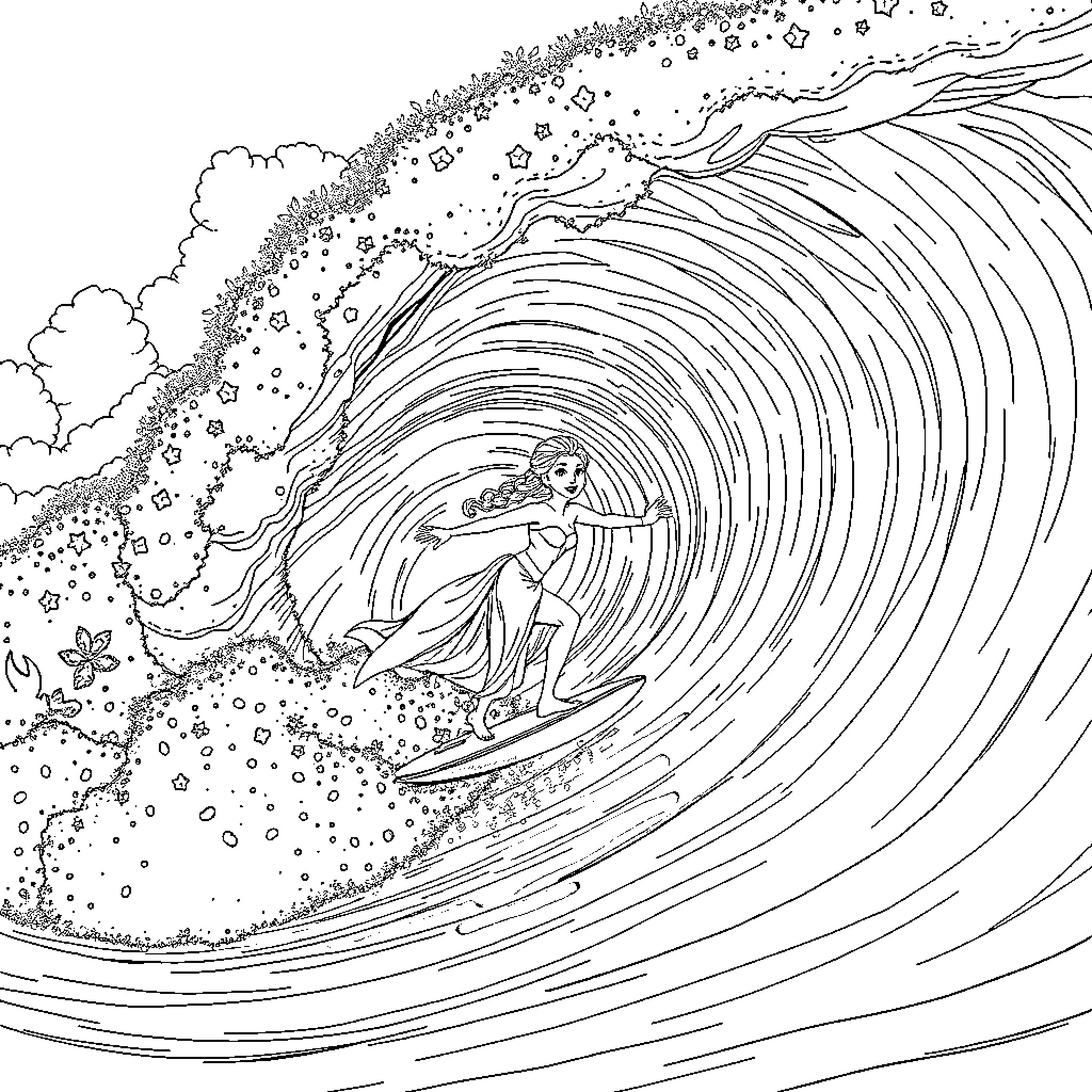 Elsa's Magical Wave Surfing Adventure Coloring Page (free black-and-white line drawing printable PDF for all, from beginners to advanced learners, including children, teens, adults, and seniors)