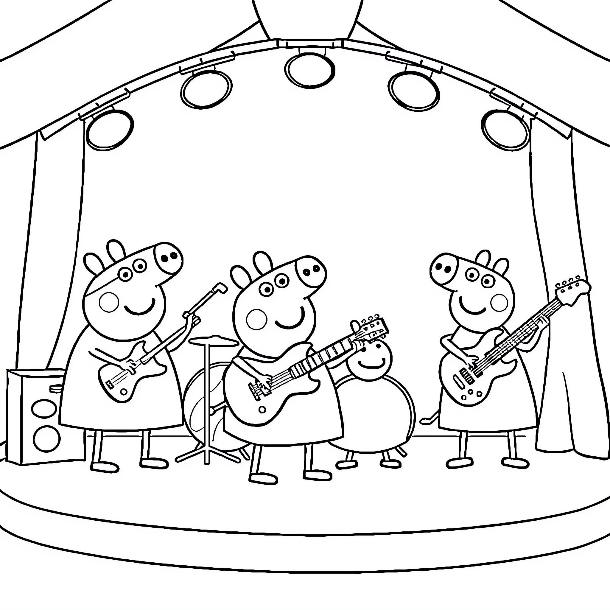 Peppa Pig and friends perform on stage Coloring Page (free black-and-white line drawing printable PDF for all, from beginners to advanced learners, including children, teens, adults, and seniors)