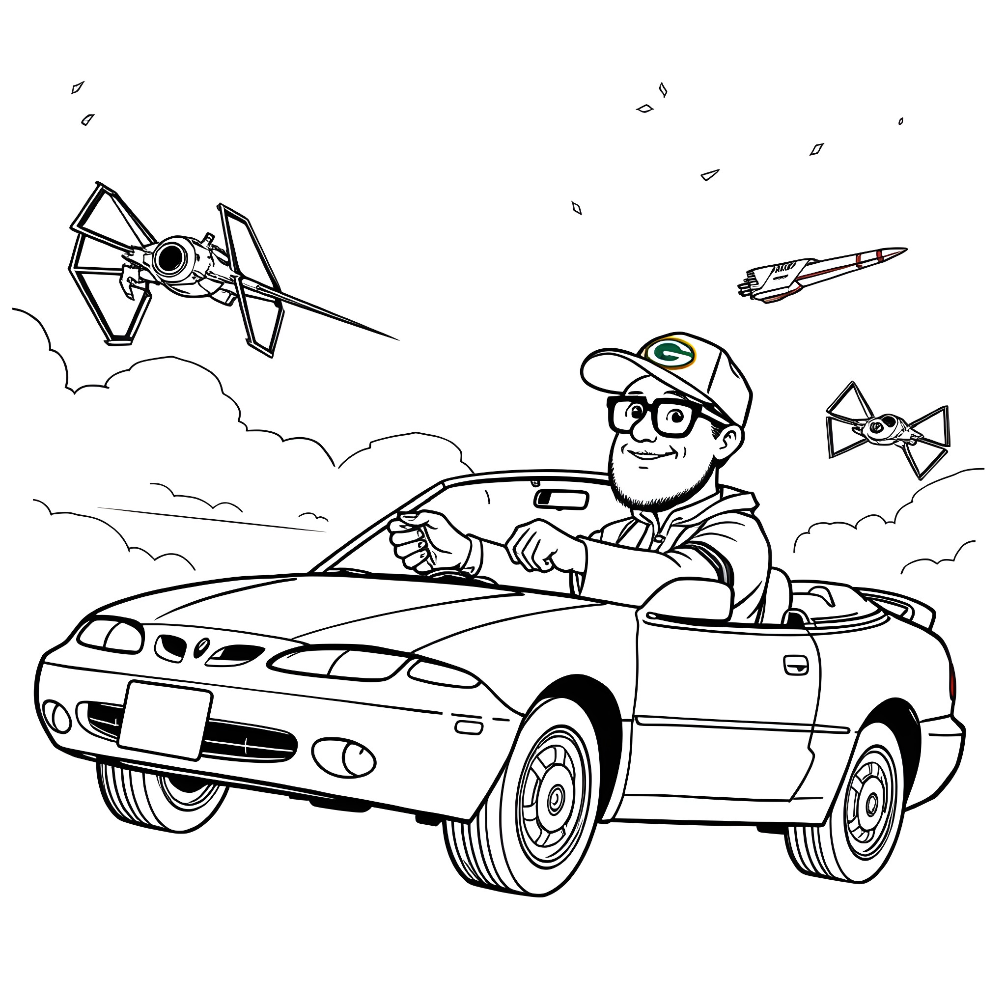 Man driving car and chasing spaceships Coloring Page (free black-and-white line drawing printable PDF for all, from beginners to advanced learners, including children, teens, adults, and seniors)