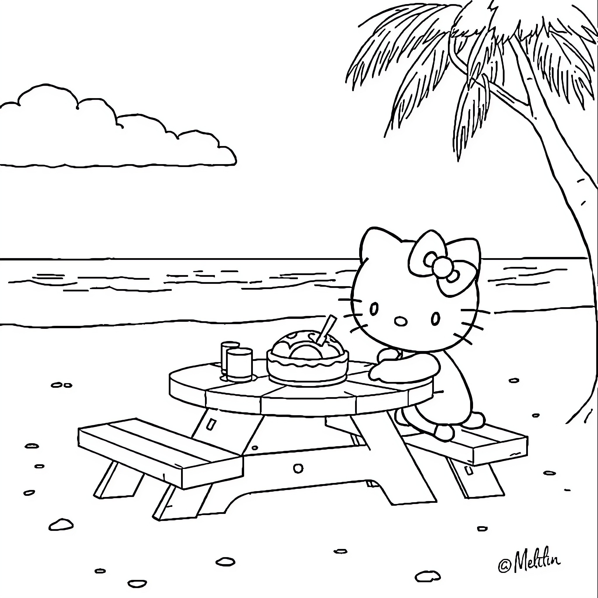 Hello Kitty enjoying a picnic by the beach Coloring Page (free black-and-white line drawing printable PDF for all, from beginners to advanced learners, including children, teens, adults, and seniors)