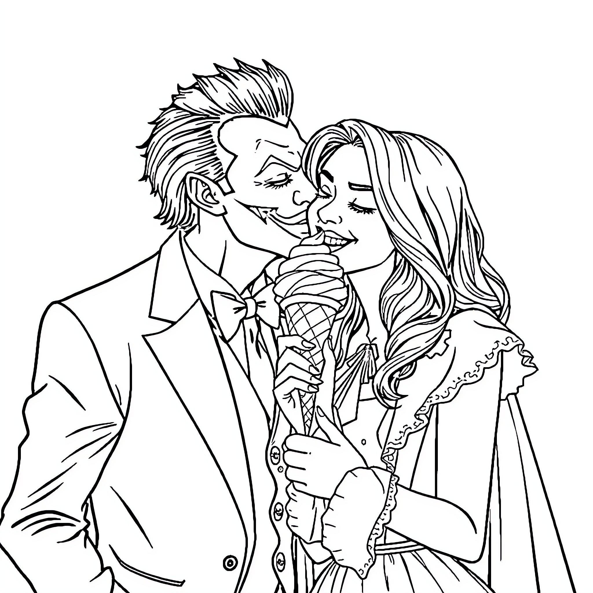 Joker embracing his love in formal attire Coloring Page (free black-and-white line drawing printable PDF for all, from beginners to advanced learners, including children, teens, adults, and seniors)