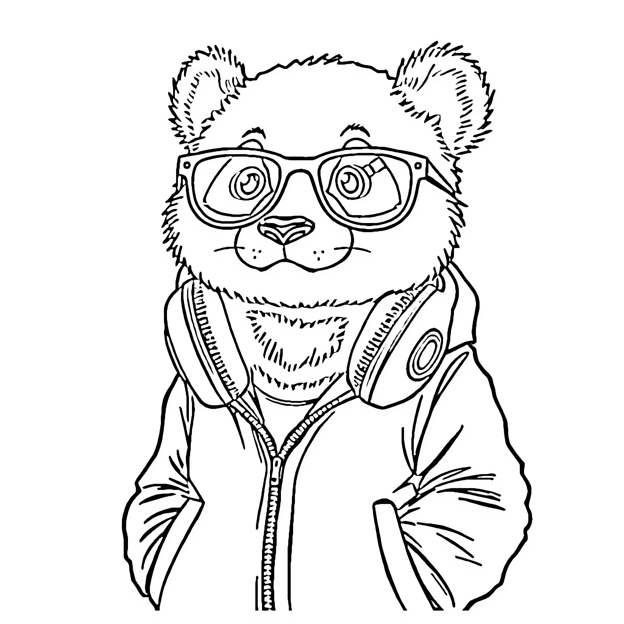 Panda wearing stylish glasses and jacket Coloring Page (free black-and-white line drawing printable PDF for all, from beginners to advanced learners, including children, teens, adults, and seniors)