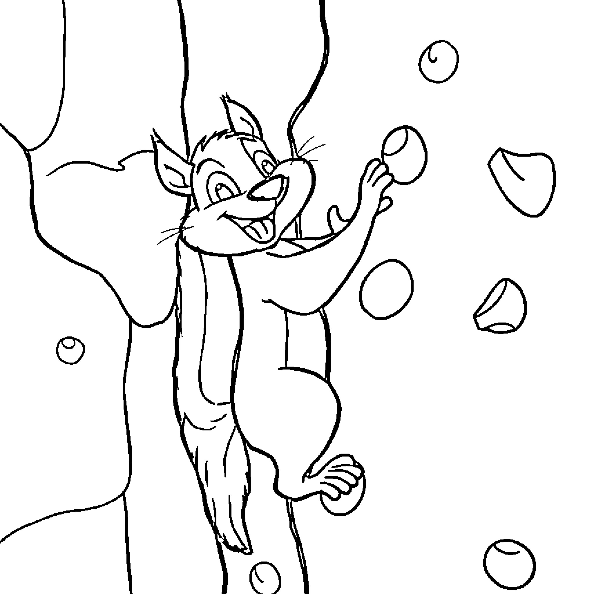 Squirrel Playfully Chasing Bubbles Coloring Page (free black-and-white line drawing printable PDF for all, from beginners to advanced learners, including children, teens, adults, and seniors)
