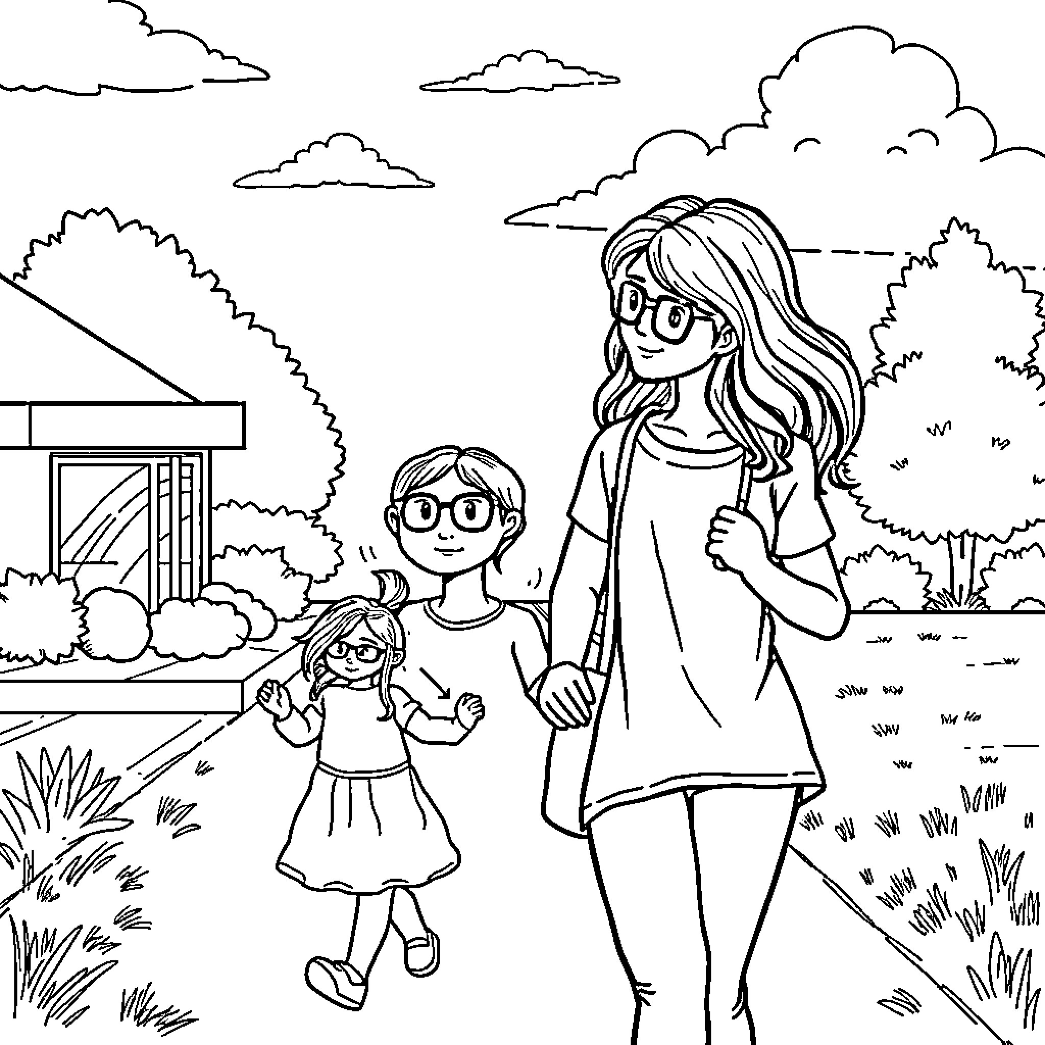 Mom and kids enjoying a peaceful day outdoors Coloring Page (free black-and-white line drawing printable PDF for all, from beginners to advanced learners, including children, teens, adults, and seniors)