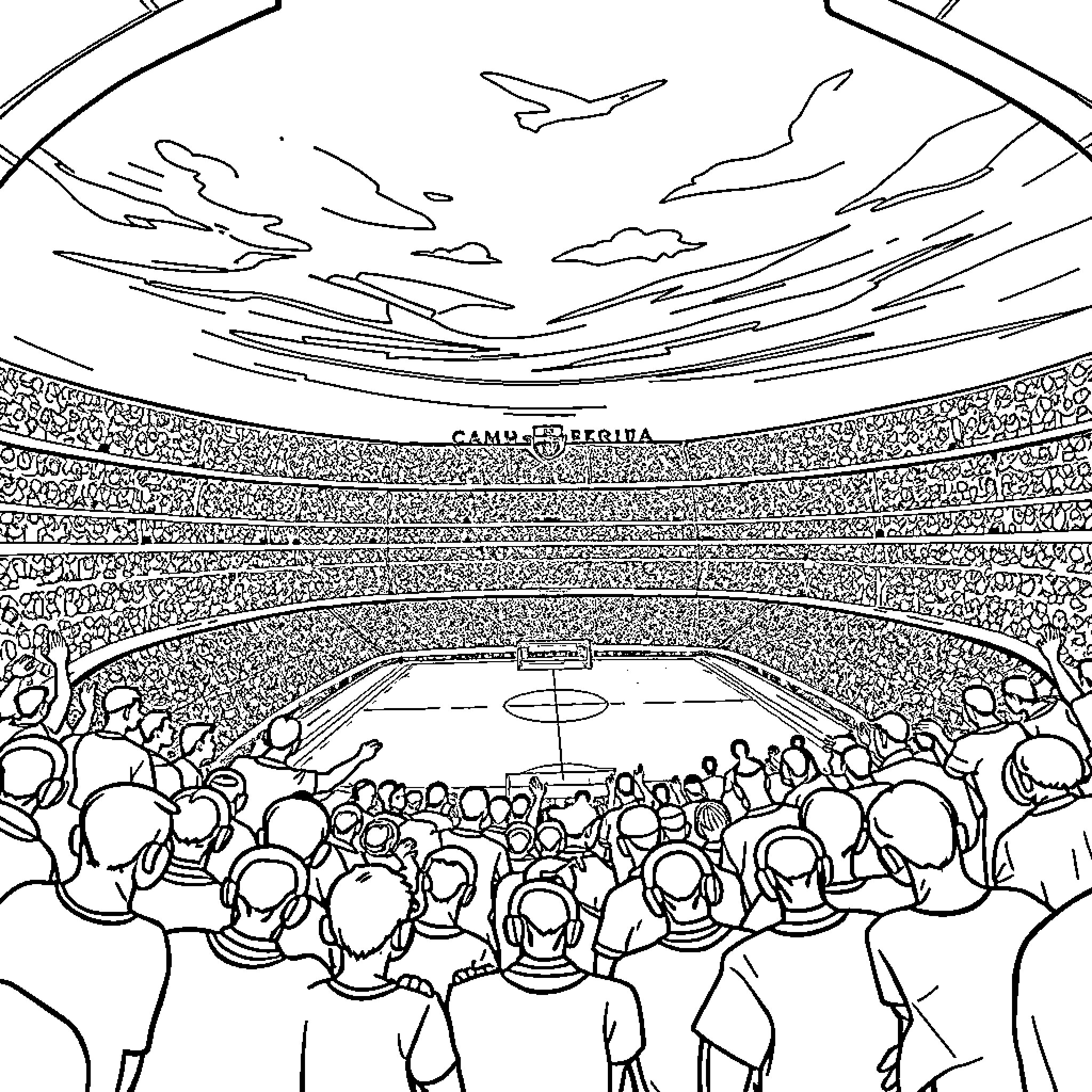 Camp Nou: Excited Crowd Gathering for a Big Event Coloring Page (free black-and-white line drawing printable PDF for all, from beginners to advanced learners, including children, teens, adults, and seniors)