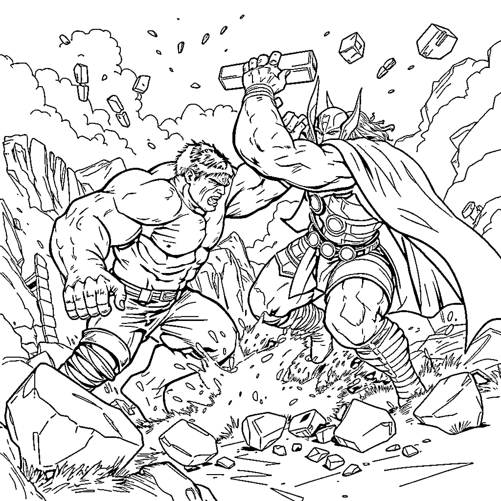Hulk Smashing Through Rocks and Debris Coloring Page (free black-and-white line drawing printable PDF for all, from beginners to advanced learners, including children, teens, adults, and seniors)