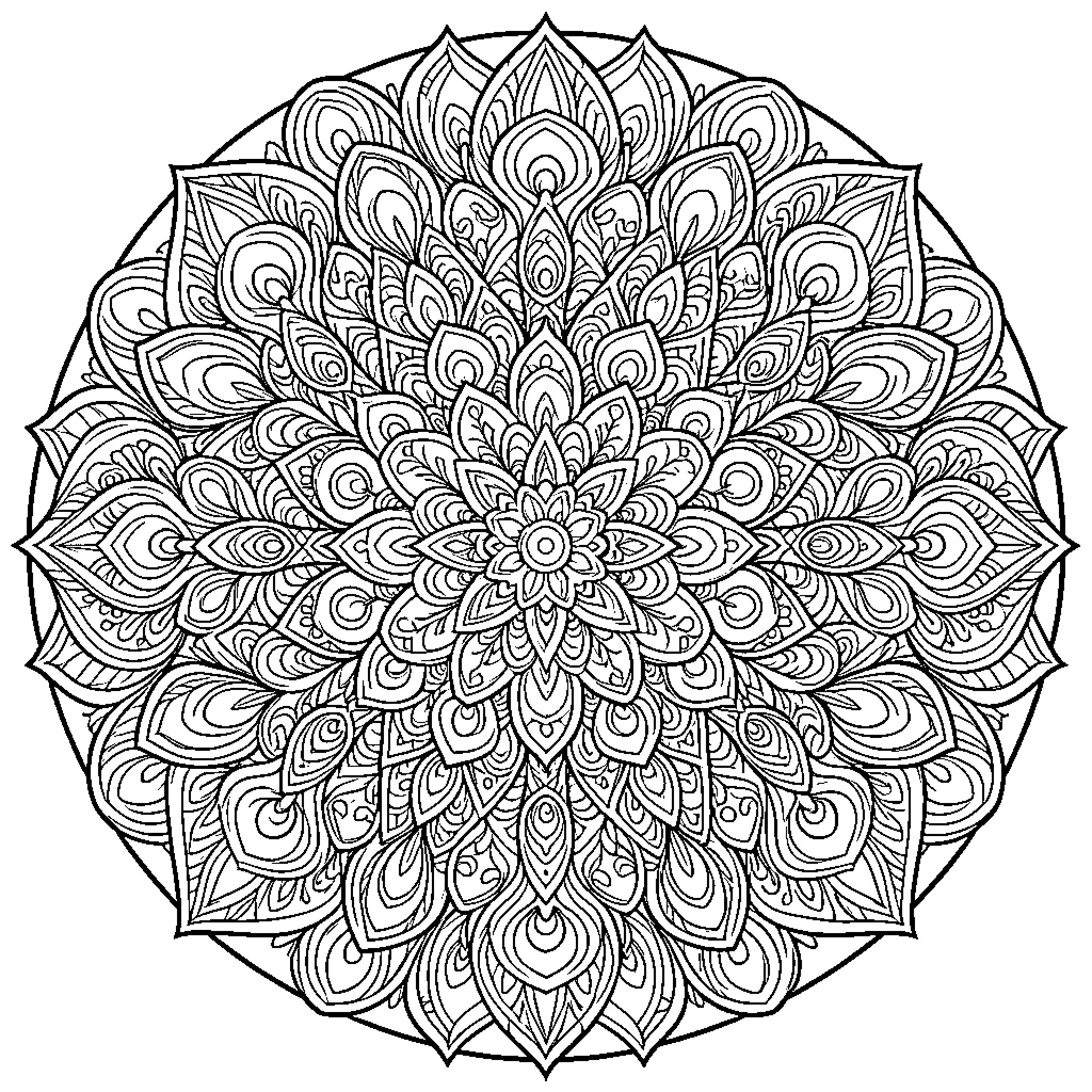 Peacock Feather Mandala Artwork Coloring Page (free black-and-white line drawing printable PDF for all, from beginners to advanced learners, including children, teens, adults, and seniors)