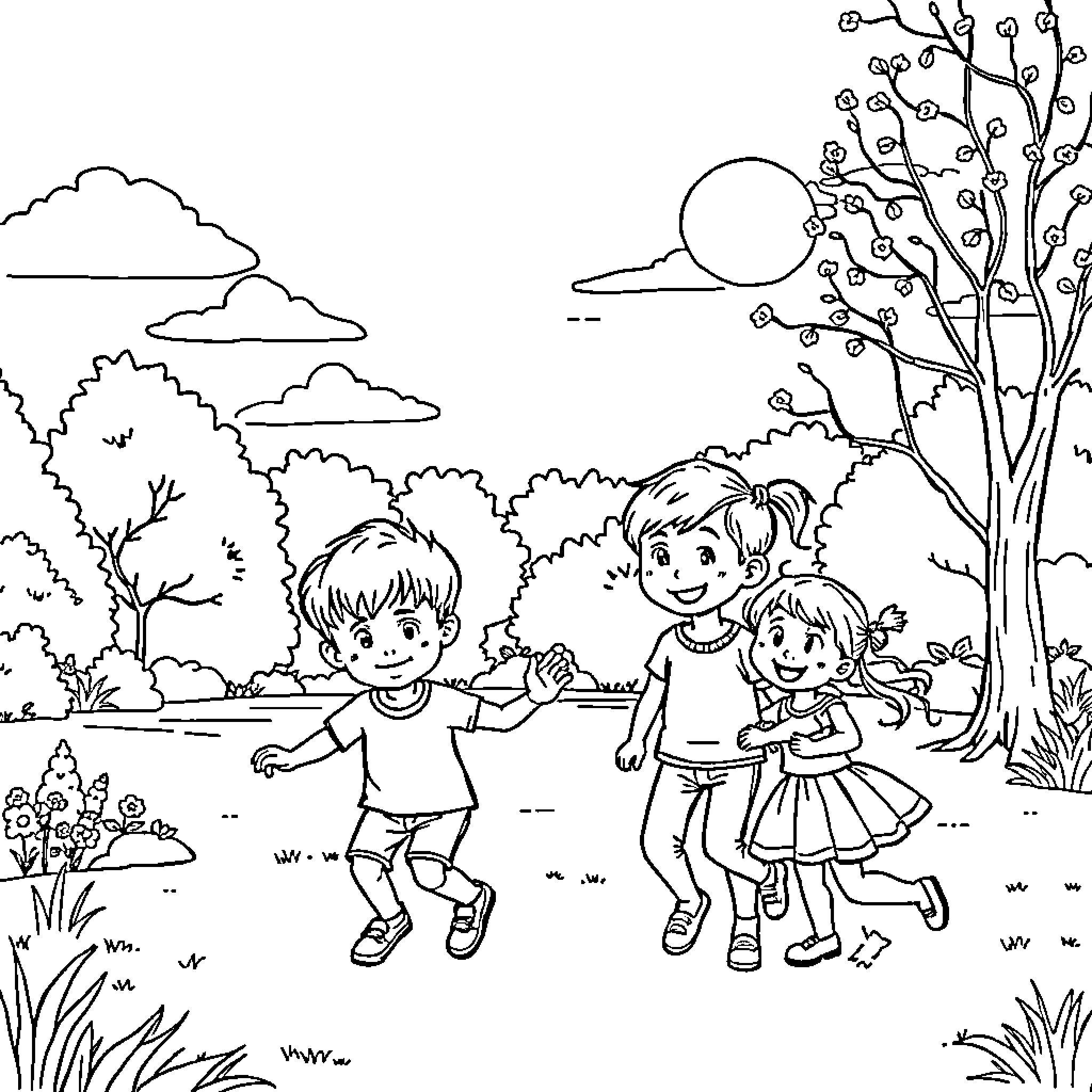 Children playing happily in a park Coloring Page (free black-and-white line drawing printable PDF for all, from beginners to advanced learners, including children, teens, adults, and seniors)