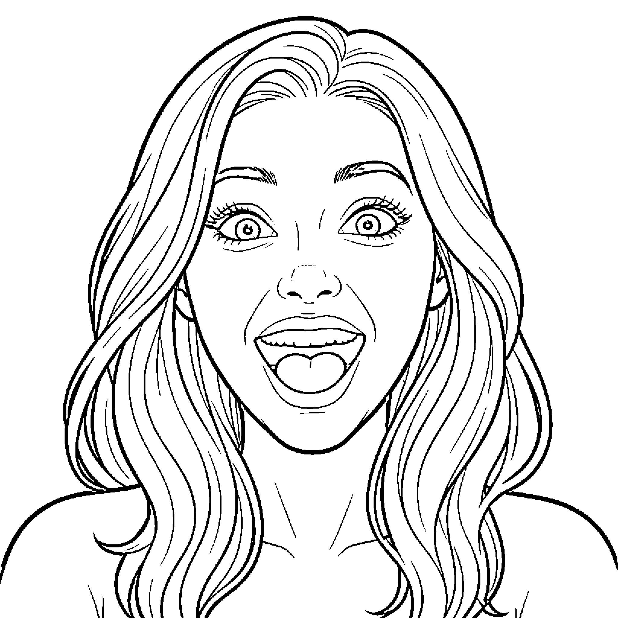 Woman with a surprised and joyful expression Coloring Page (free black-and-white line drawing printable PDF for all, from beginners to advanced learners, including children, teens, adults, and seniors)