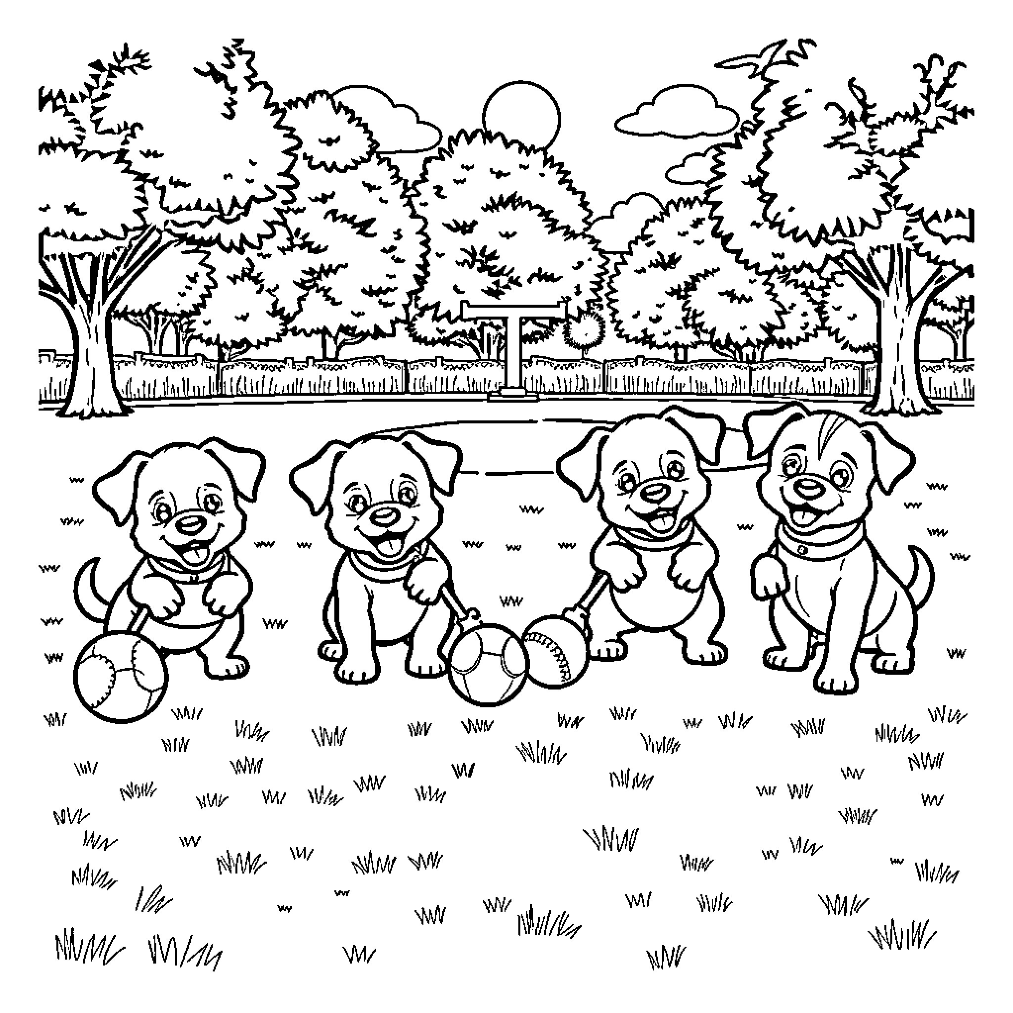 Puppies playing with toys in a park Coloring Page (free black-and-white line drawing printable PDF for all, from beginners to advanced learners, including children, teens, adults, and seniors)