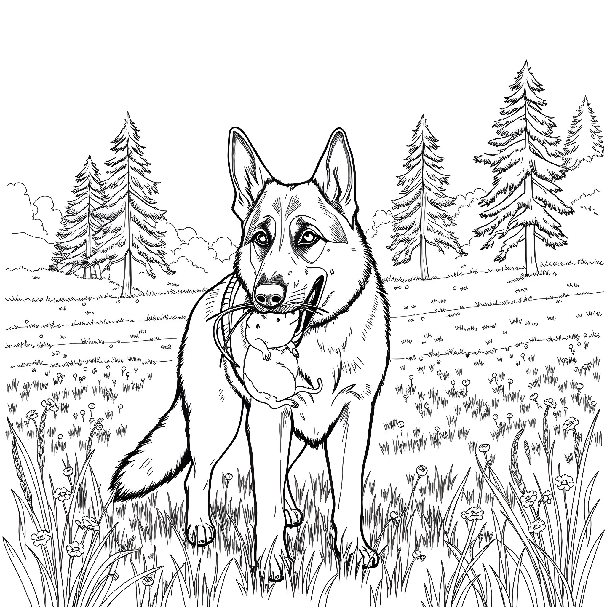 German Shepherd exploring the forest landscape Coloring Page (free black-and-white line drawing printable PDF for all, from beginners to advanced learners, including children, teens, adults, and seniors)