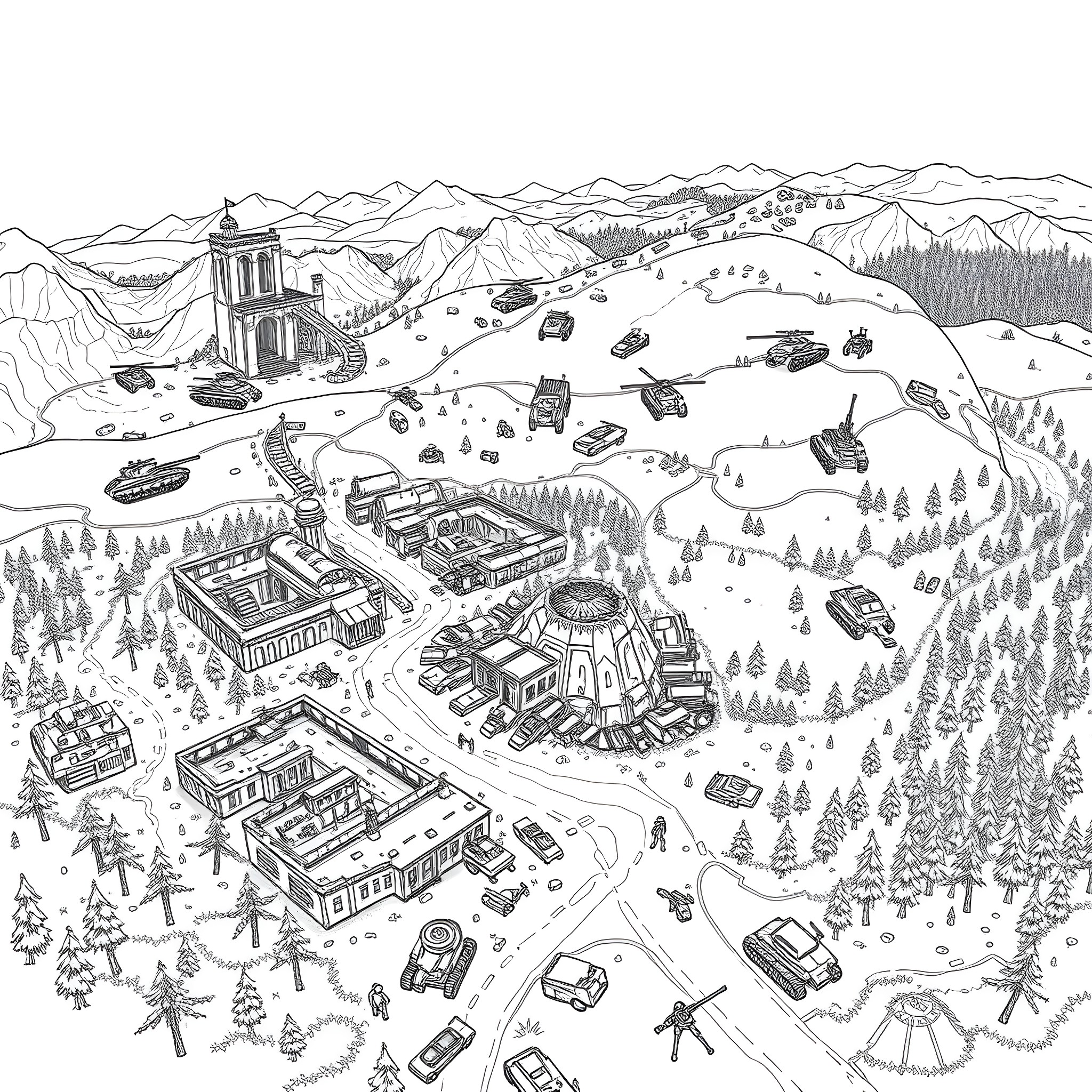 Verdansk: Cityscape with Military Vehicles and Activity Coloring Page (free black-and-white line drawing printable PDF for all, from beginners to advanced learners, including children, teens, adults, and seniors)