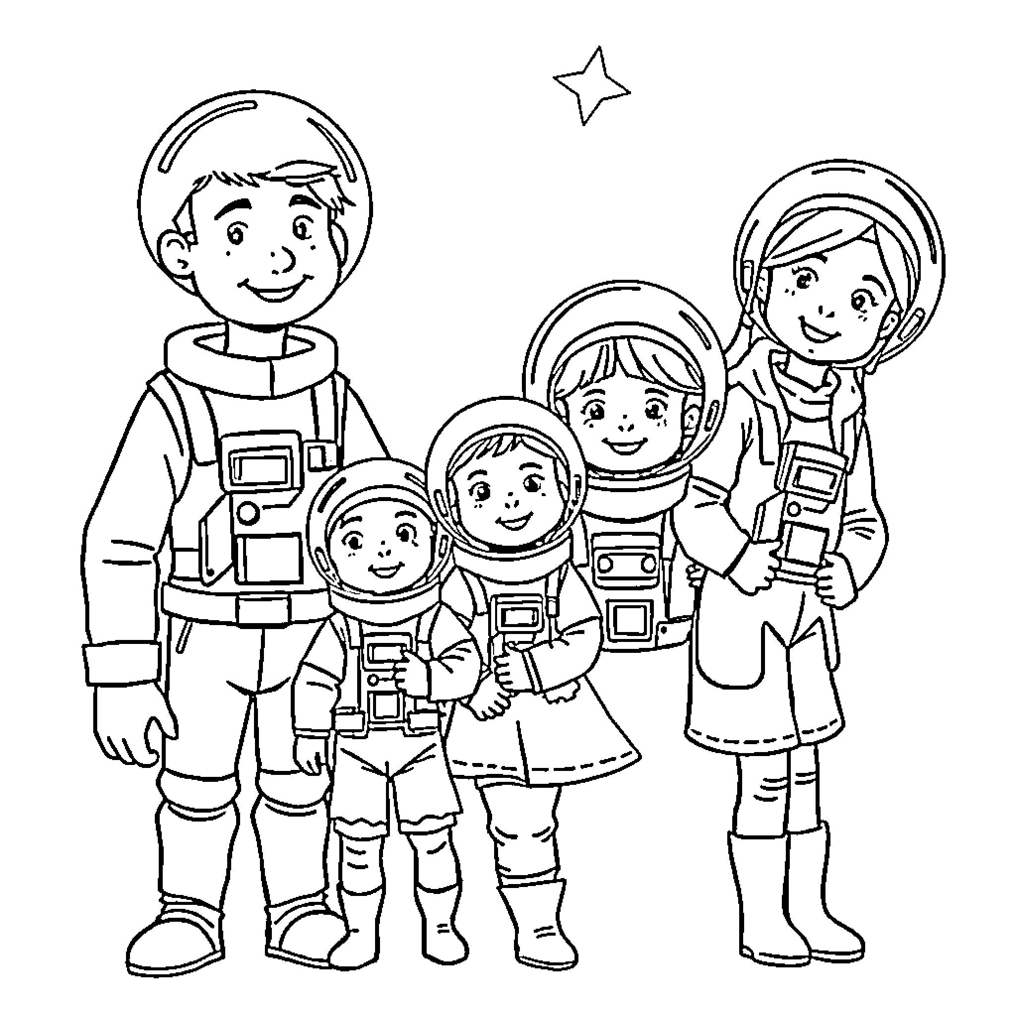 Astronaut family exploring the cosmos together Coloring Page (free black-and-white line drawing printable PDF for all, from beginners to advanced learners, including children, teens, adults, and seniors)