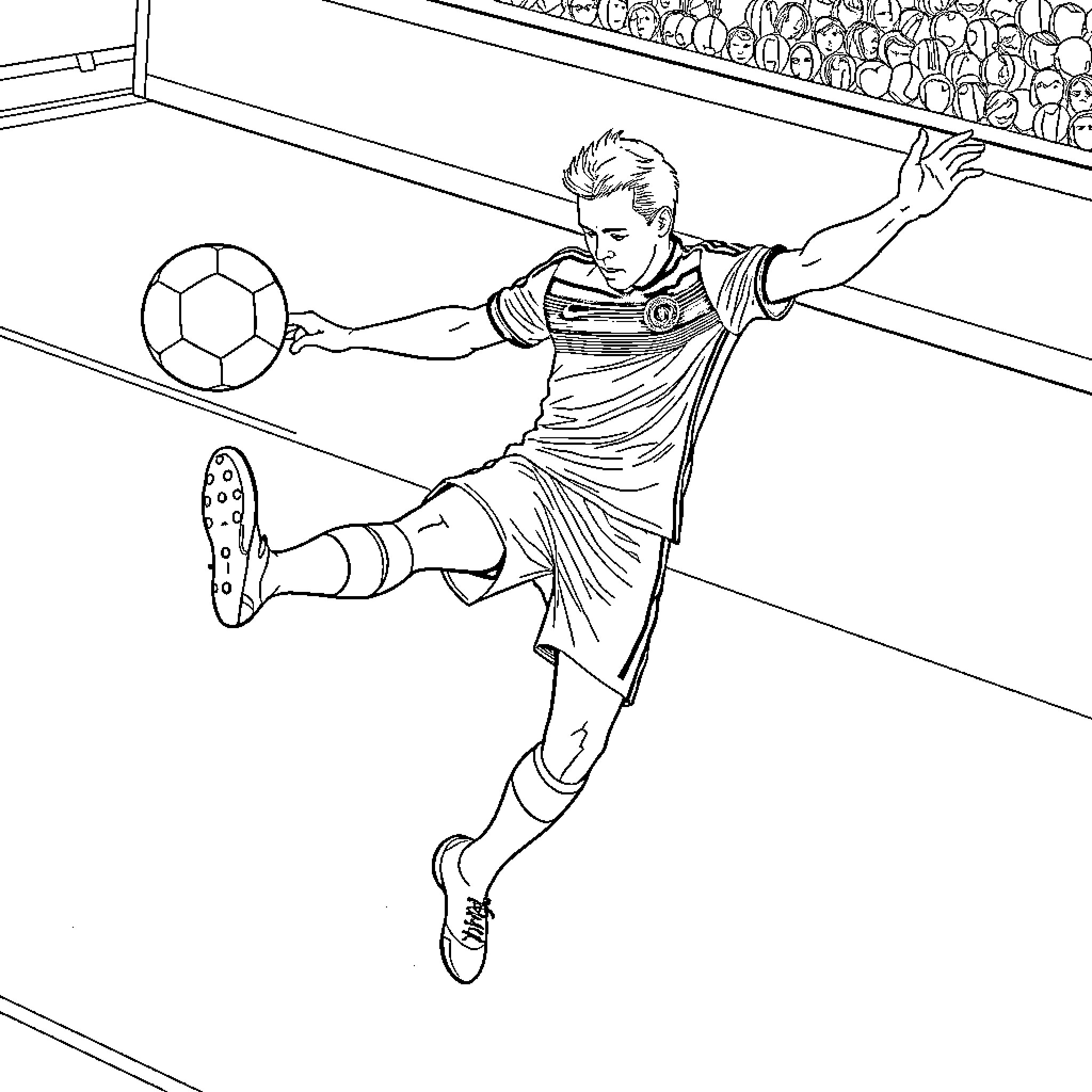 Jurgen Klinsmann in mid-air soccer kick during match Coloring Page (free black-and-white line drawing printable PDF for all, from beginners to advanced learners, including children, teens, adults, and seniors)