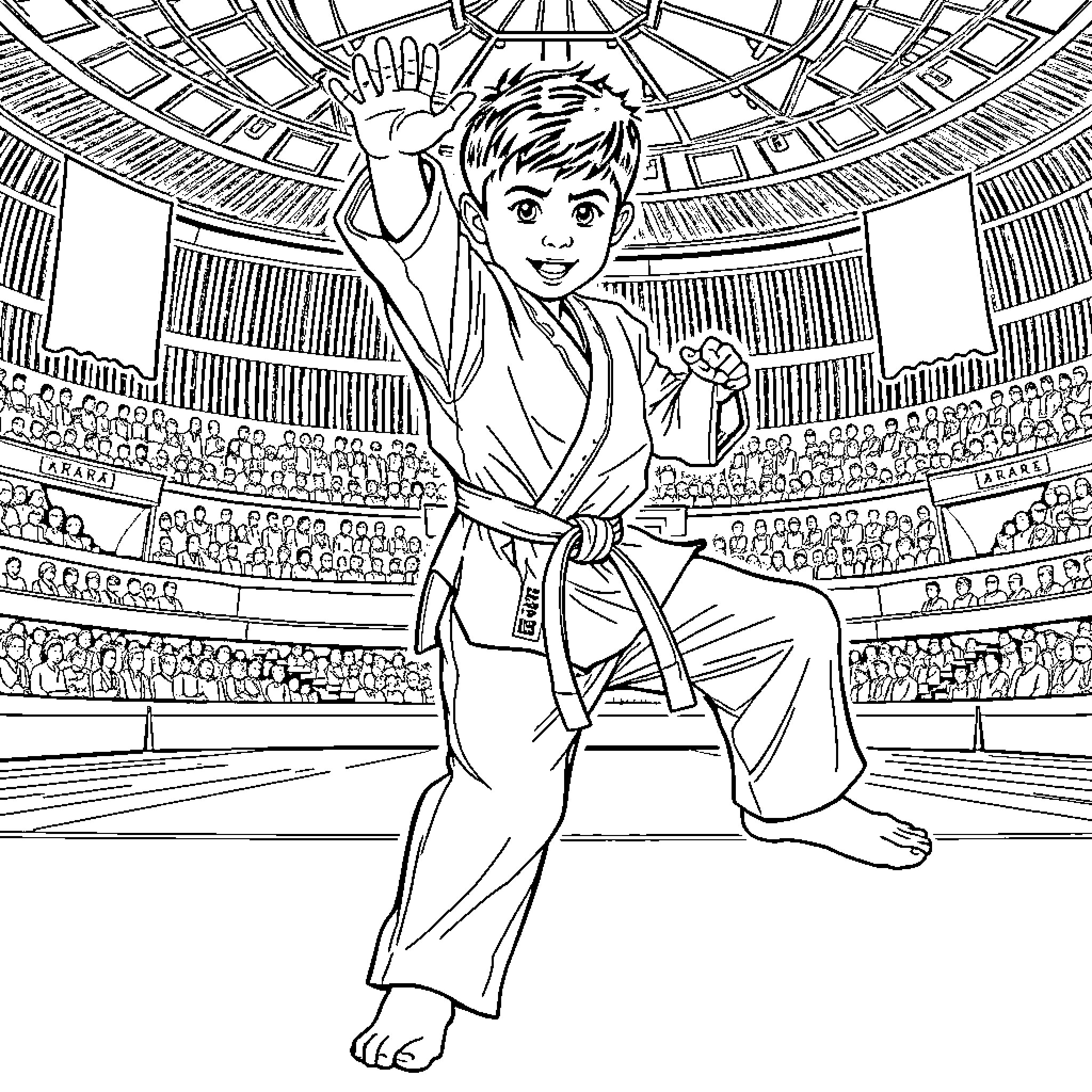 Karate Kid Performing Martial Arts Demonstration Coloring Page (free black-and-white line drawing printable PDF for all, from beginners to advanced learners, including children, teens, adults, and seniors)