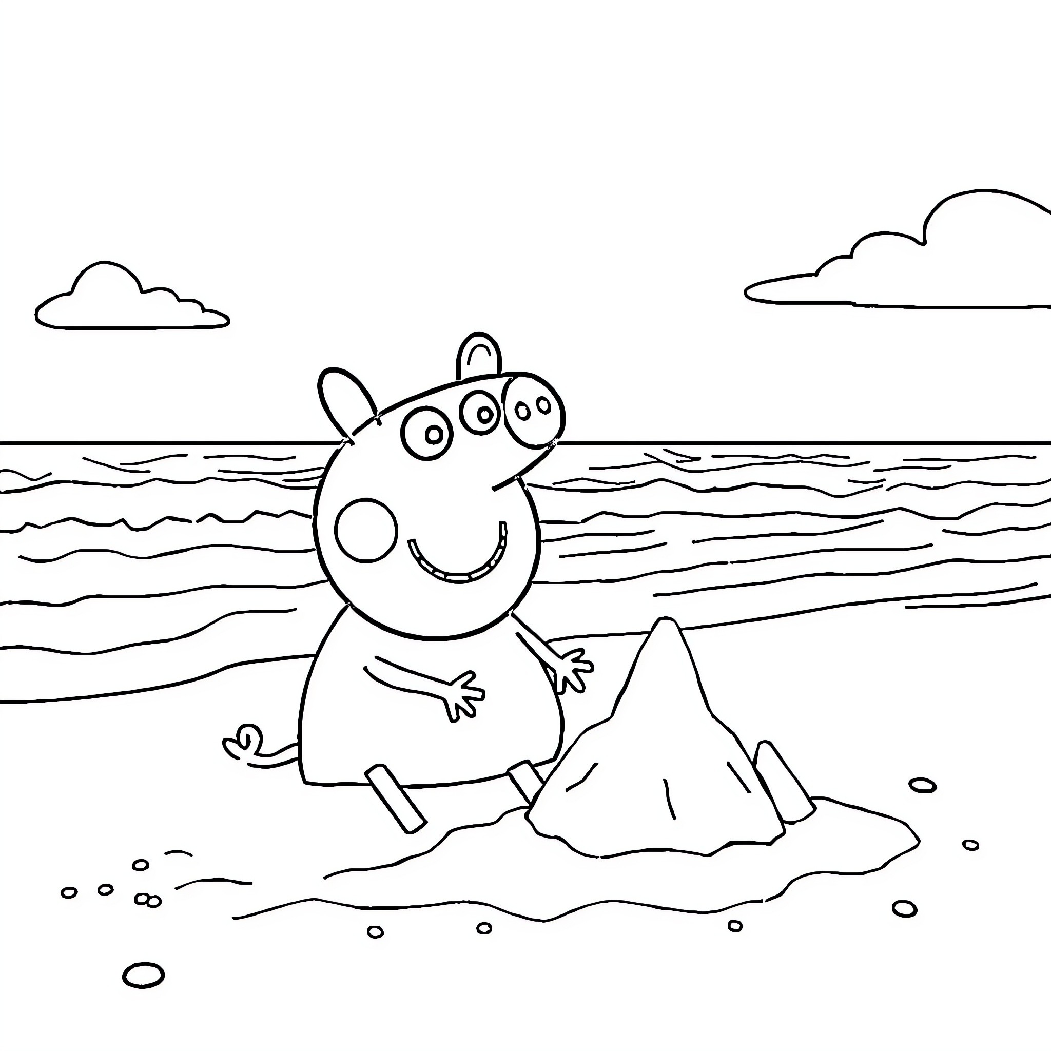 Peppa Pig enjoys a day at the beach Coloring Page (free black-and-white line drawing printable PDF for all, from beginners to advanced learners, including children, teens, adults, and seniors)