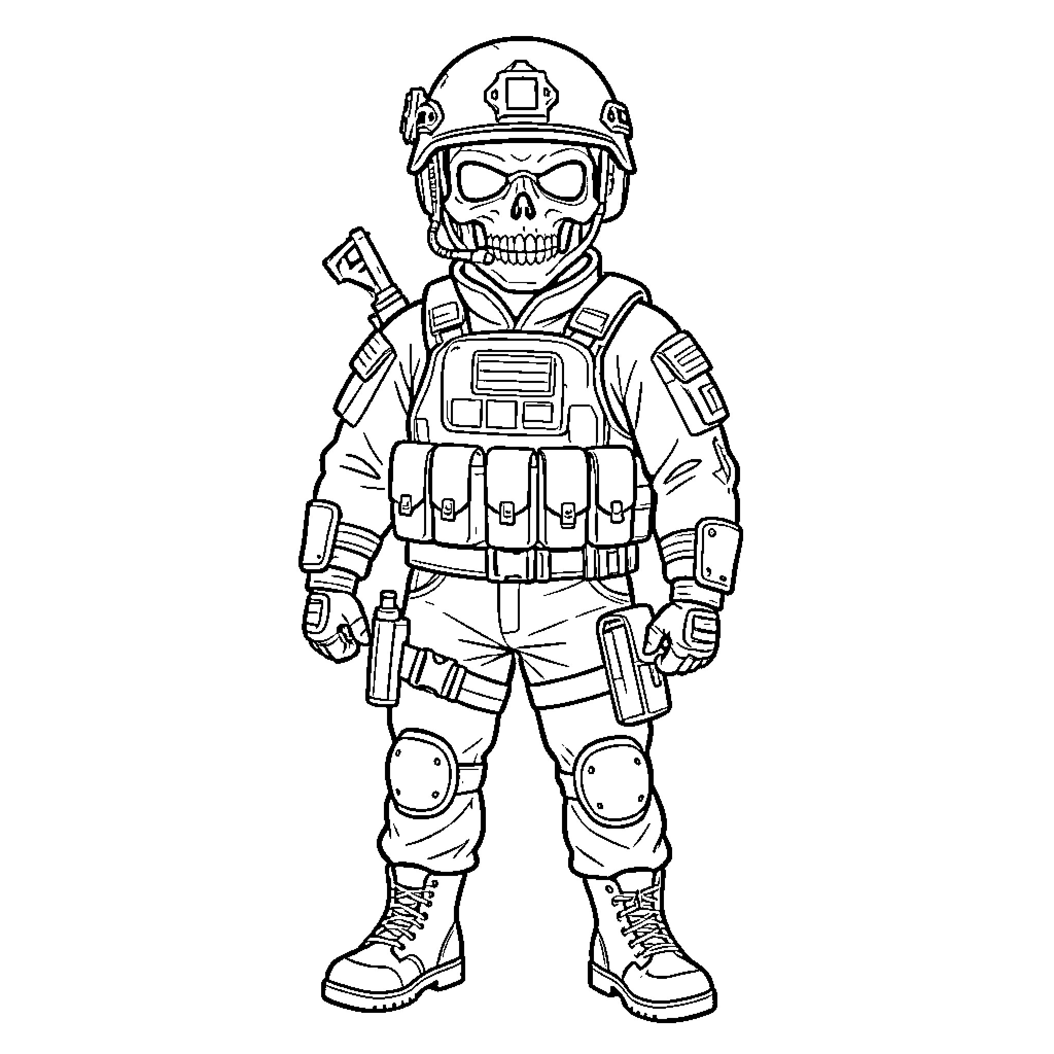 Simon Ghost Riley wearing tactical combat gear Coloring Page (free black-and-white line drawing printable PDF for all, from beginners to advanced learners, including children, teens, adults, and seniors)