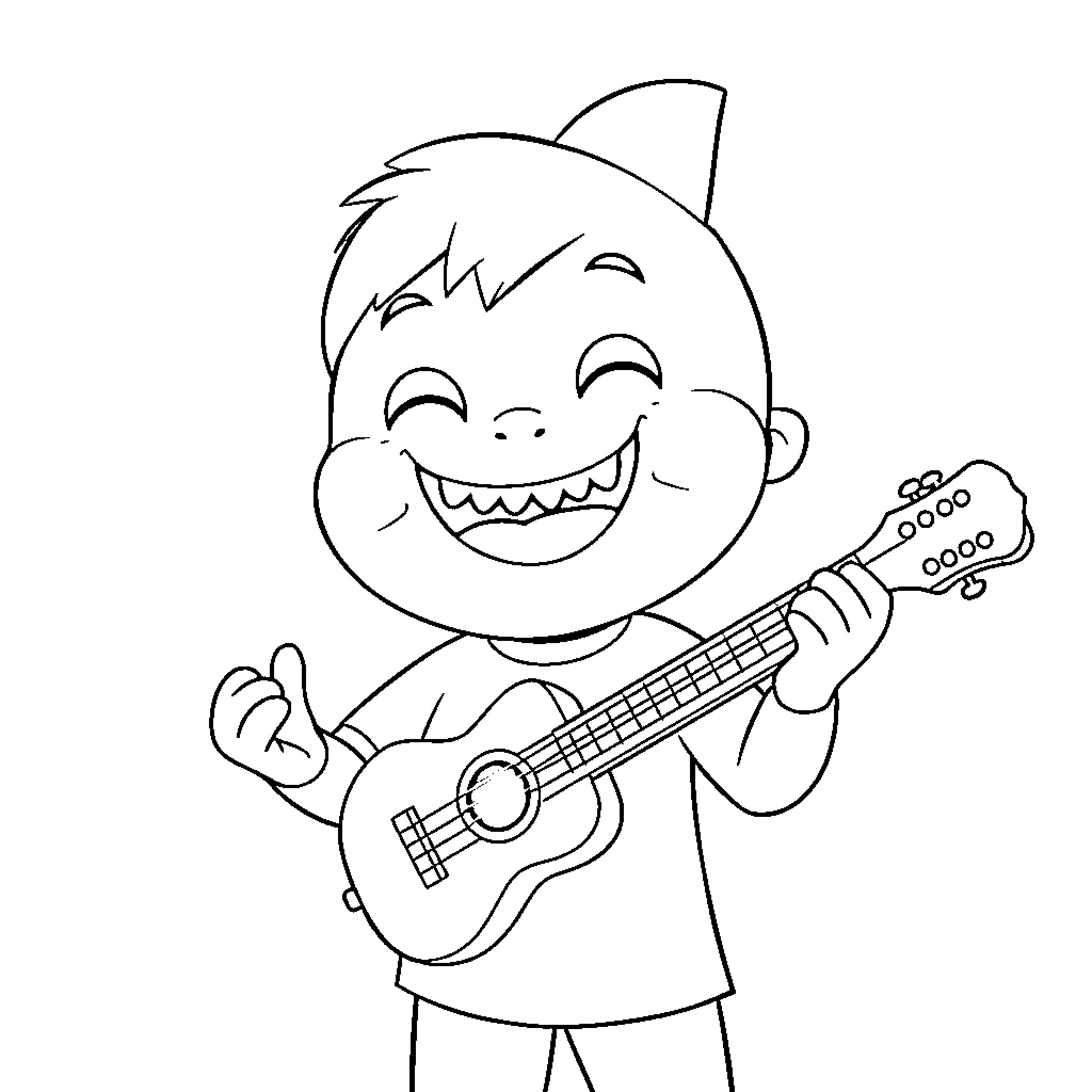 Boy joyfully playing guitar Coloring Page (free black-and-white line drawing printable PDF for all, from beginners to advanced learners, including children, teens, adults, and seniors)