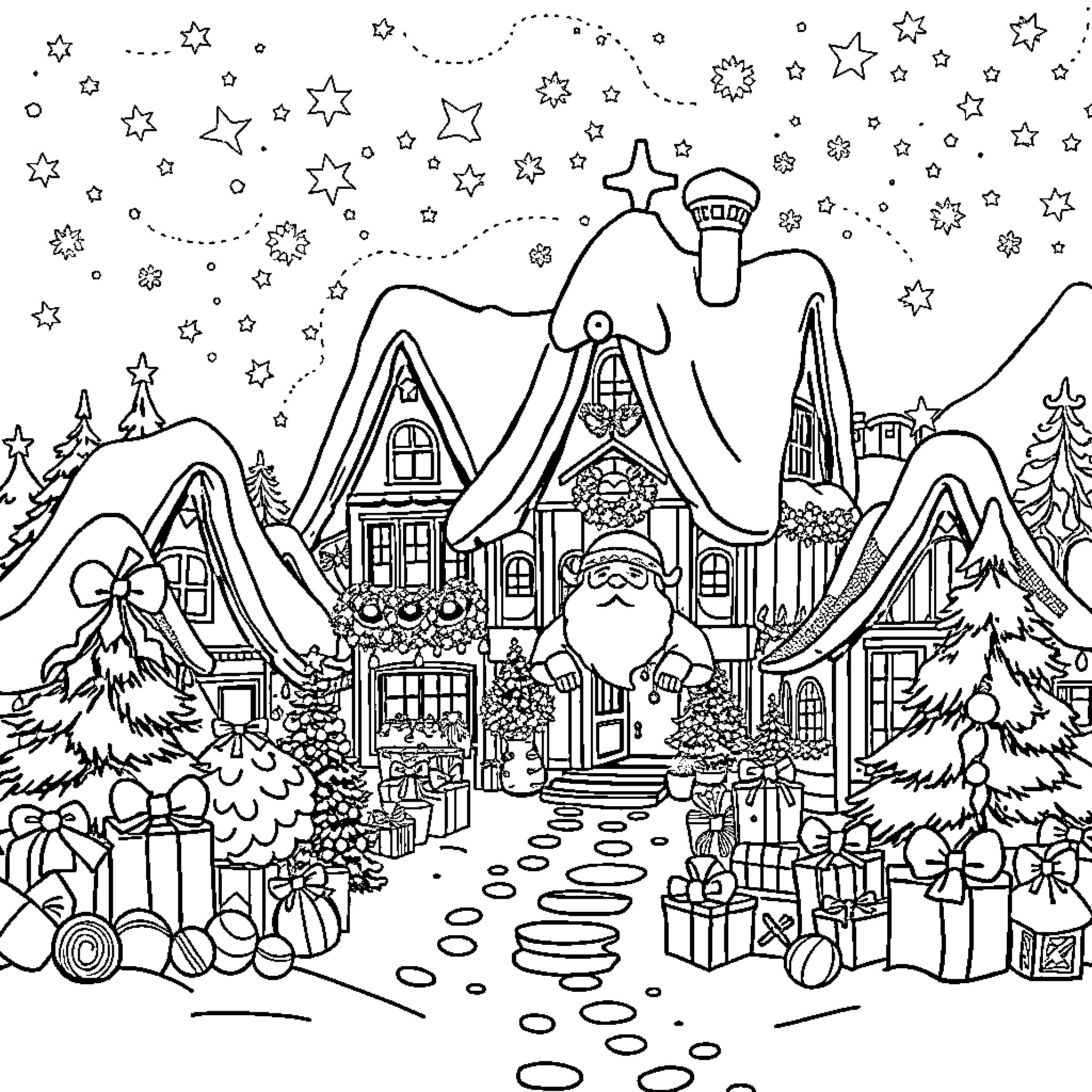 Village Scene with Winter Holiday Decor Coloring Page (free black-and-white line drawing printable PDF for all, from beginners to advanced learners, including children, teens, adults, and seniors)