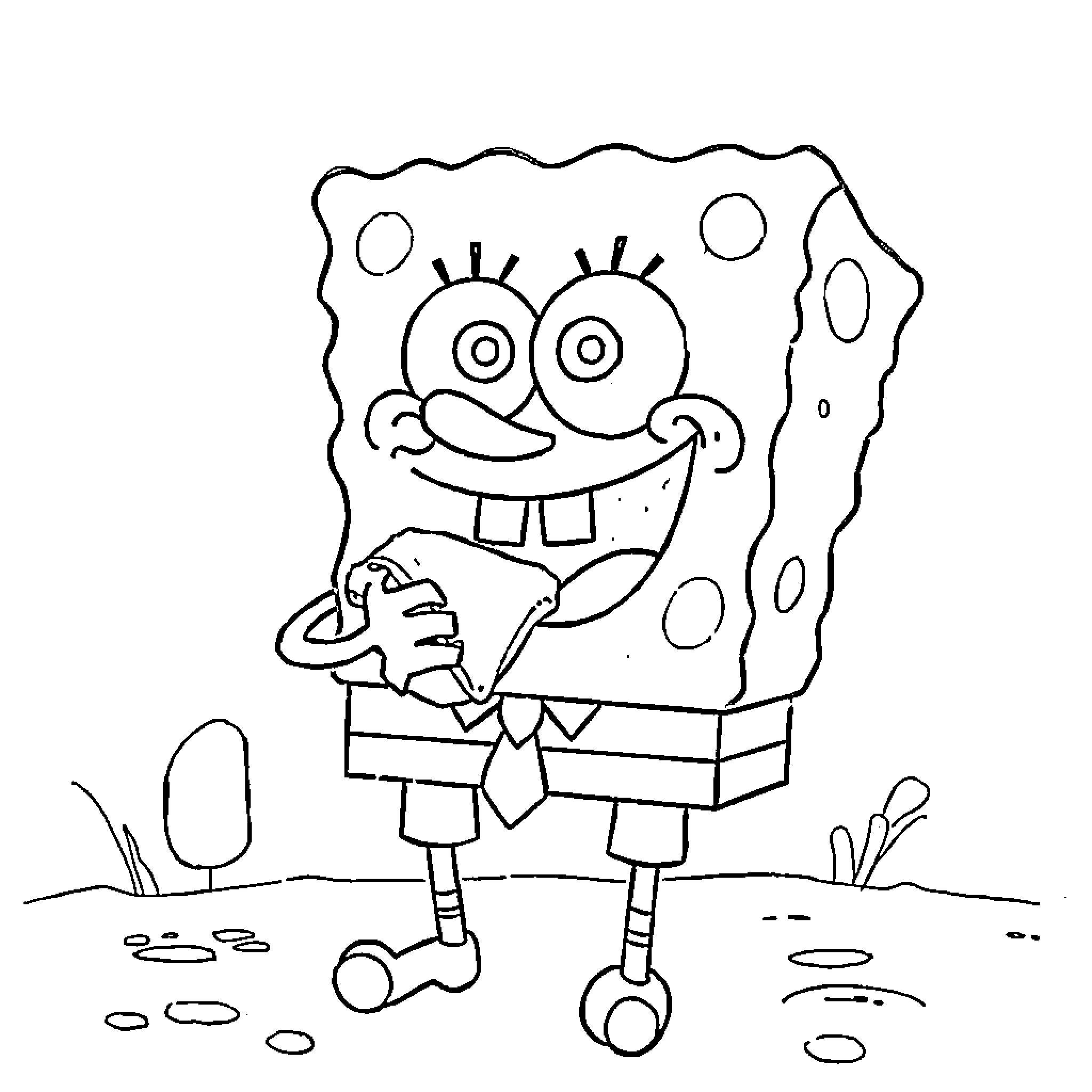 Spongebob's Cheerful Outdoor Adventure Coloring Page (free black-and-white line drawing printable PDF for all, from beginners to advanced learners, including children, teens, adults, and seniors)