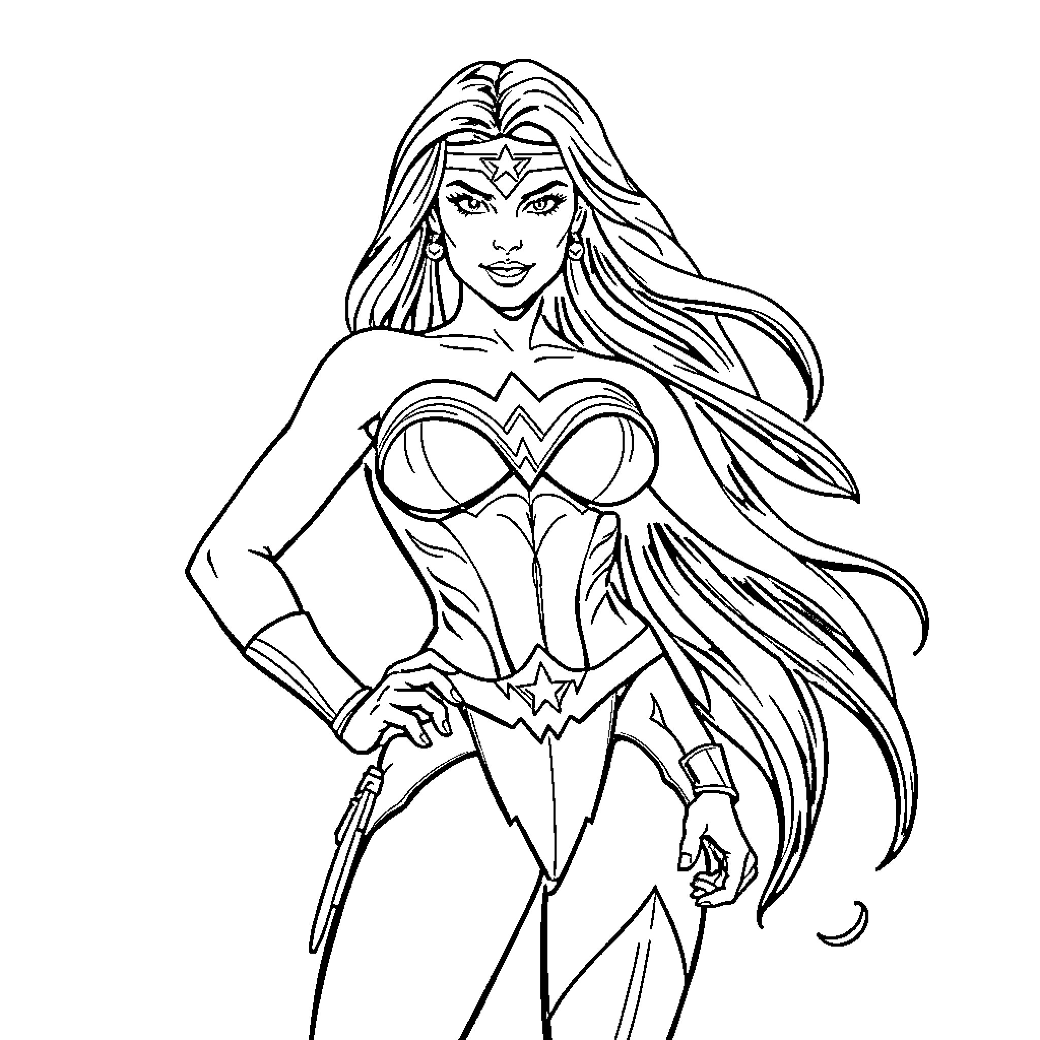 Wonder Woman in heroic combat stance Coloring Page (free black-and-white line drawing printable PDF for all, from beginners to advanced learners, including children, teens, adults, and seniors)