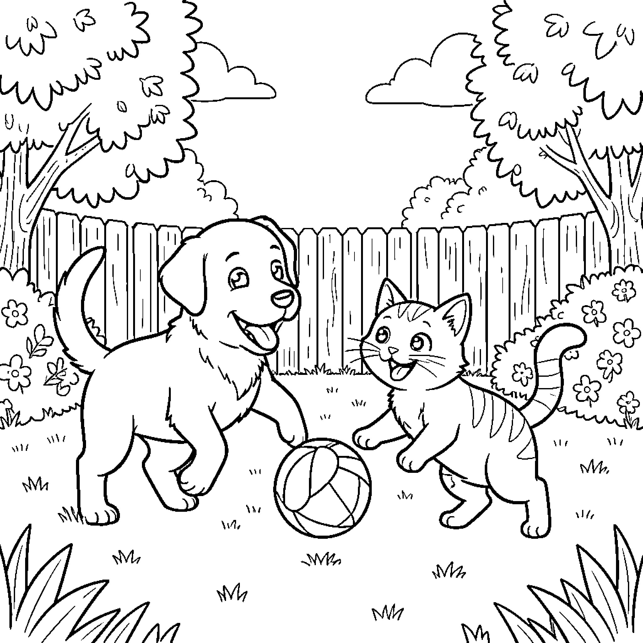 Dog and cat playing together in the garden Coloring Page (free black-and-white line drawing printable PDF for all, from beginners to advanced learners, including children, teens, adults, and seniors)