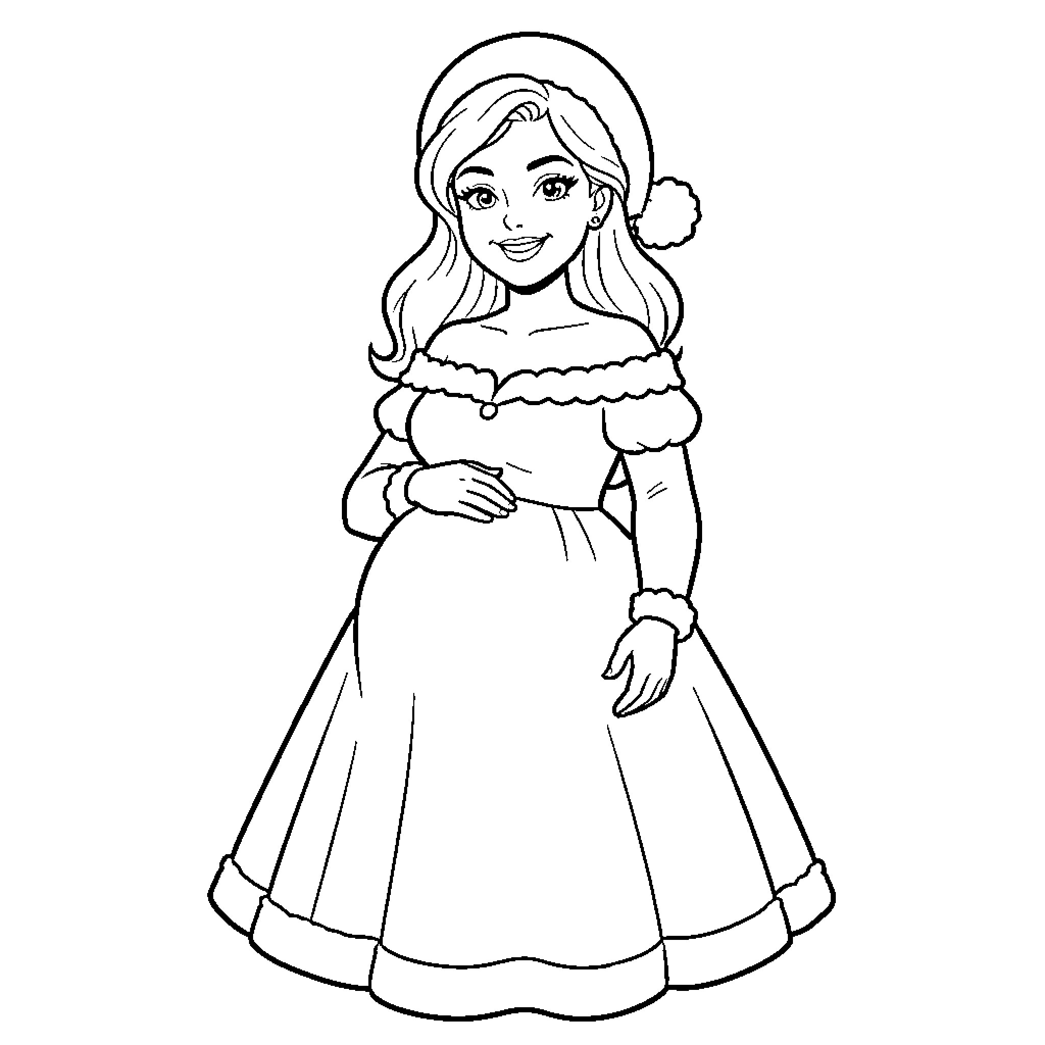 Mrs. Claus in festive winter attire Coloring Page (free black-and-white line drawing printable PDF for all, from beginners to advanced learners, including children, teens, adults, and seniors)