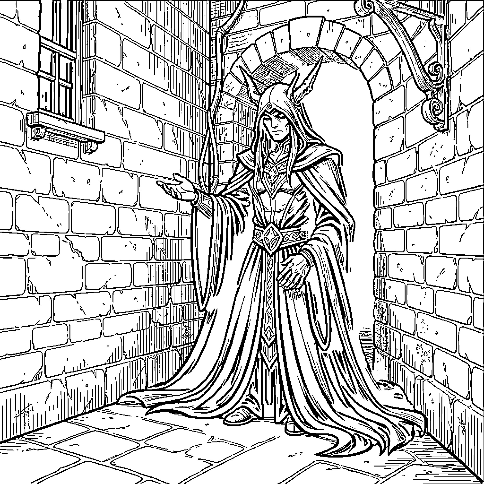 Styx: Cloaked Sorceress in Shadowy Sanctum Coloring Page (free black-and-white line drawing printable PDF for all, from beginners to advanced learners, including children, teens, adults, and seniors)