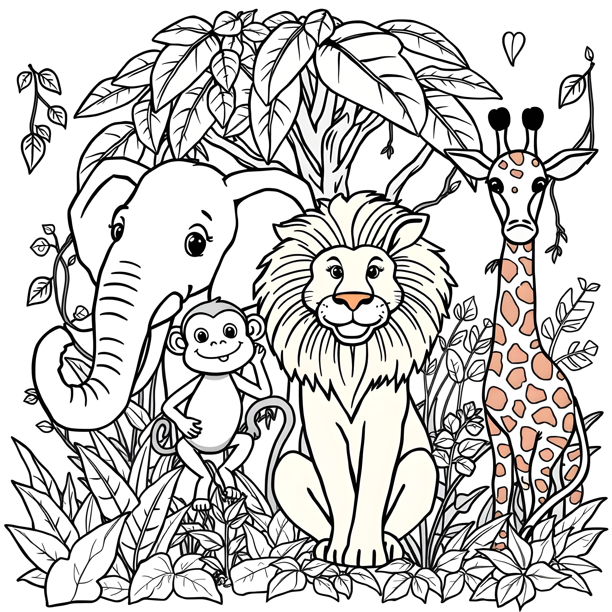 Animal friends in the lush jungle scene Coloring Page (free black-and-white line drawing printable PDF for all, from beginners to advanced learners, including children, teens, adults, and seniors)