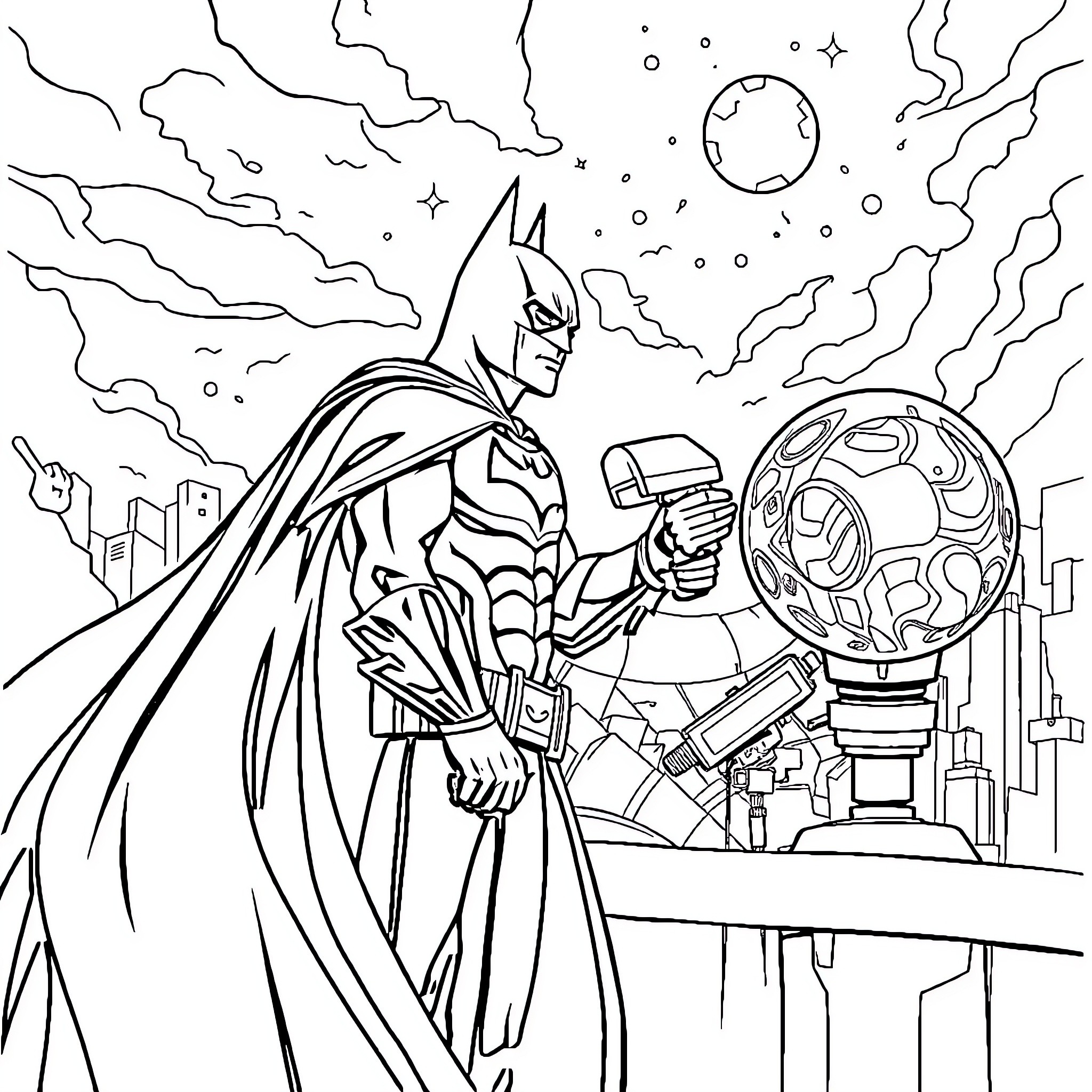 Batman in action with futuristic gadgets Coloring Page (free black-and-white line drawing printable PDF for all, from beginners to advanced learners, including children, teens, adults, and seniors)