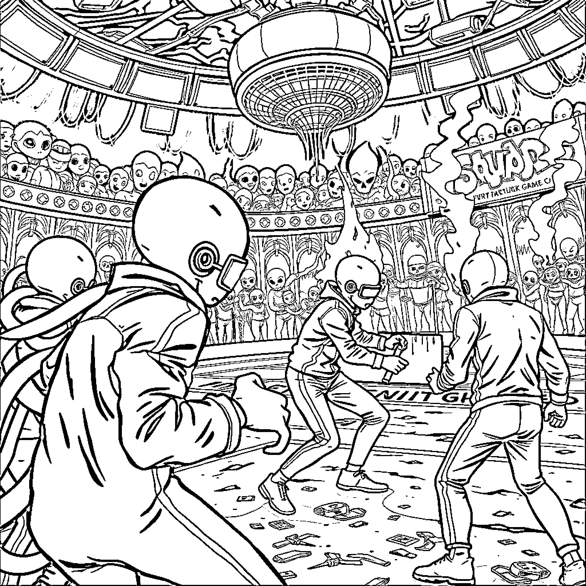 Squid Game: Intense Competition in Surreal Arena Coloring Page (free black-and-white line drawing printable PDF for all, from beginners to advanced learners, including children, teens, adults, and seniors)