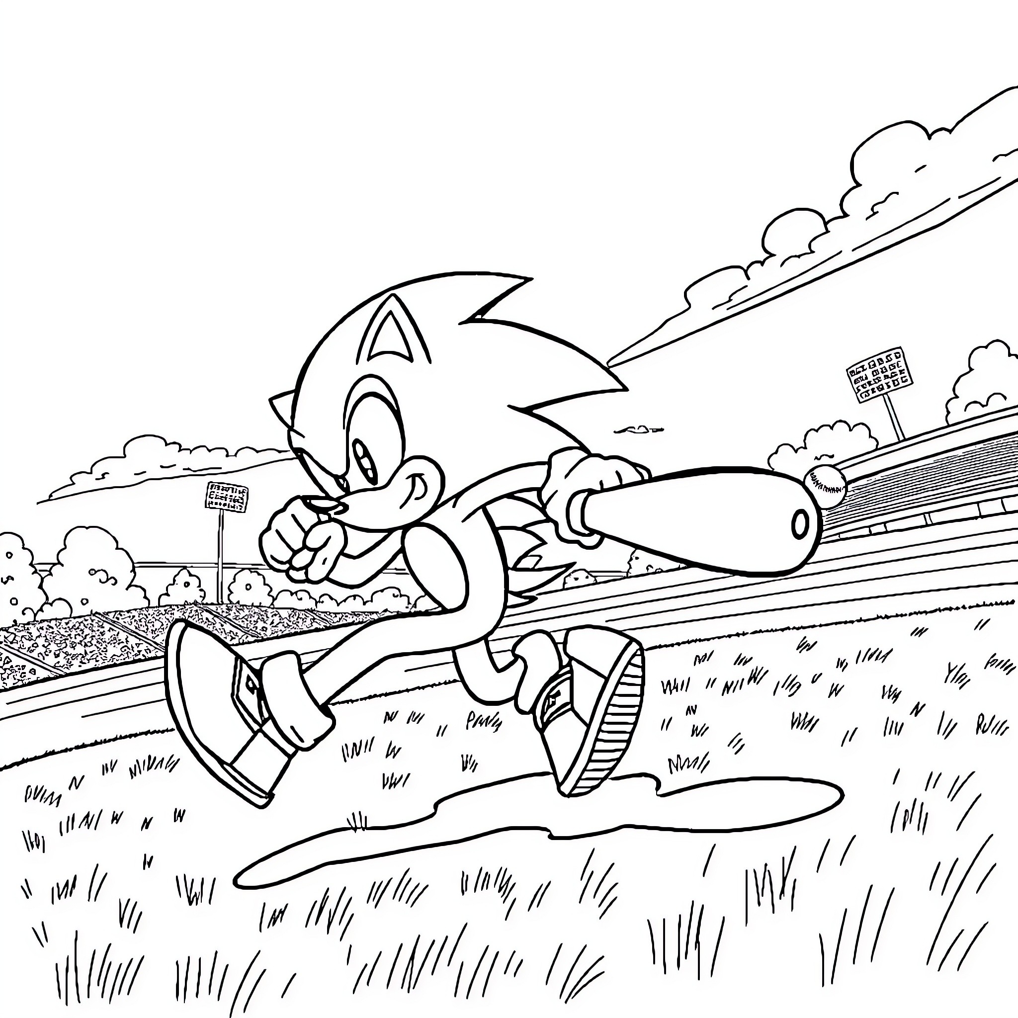 Sonic racing through a stadium environment Coloring Page (free black-and-white line drawing printable PDF for all, from beginners to advanced learners, including children, teens, adults, and seniors)