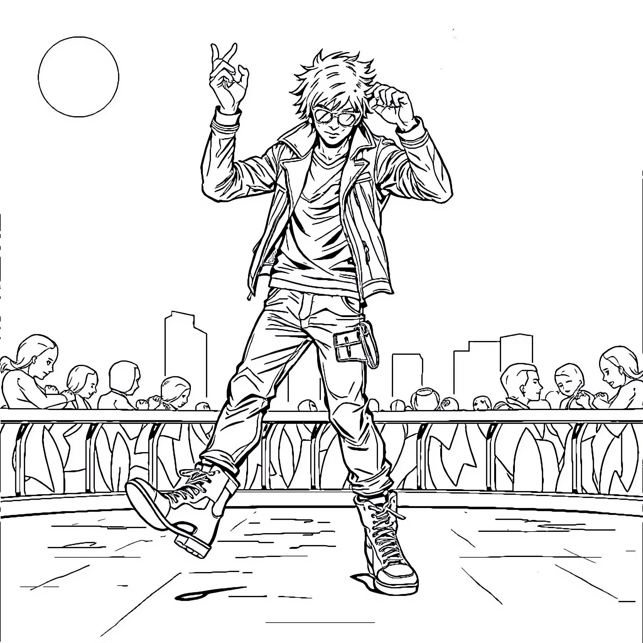 Tap Dancer Performs Energetic Routine on Stage Coloring Page (free black-and-white line drawing printable PDF for all, from beginners to advanced learners, including children, teens, adults, and seniors)