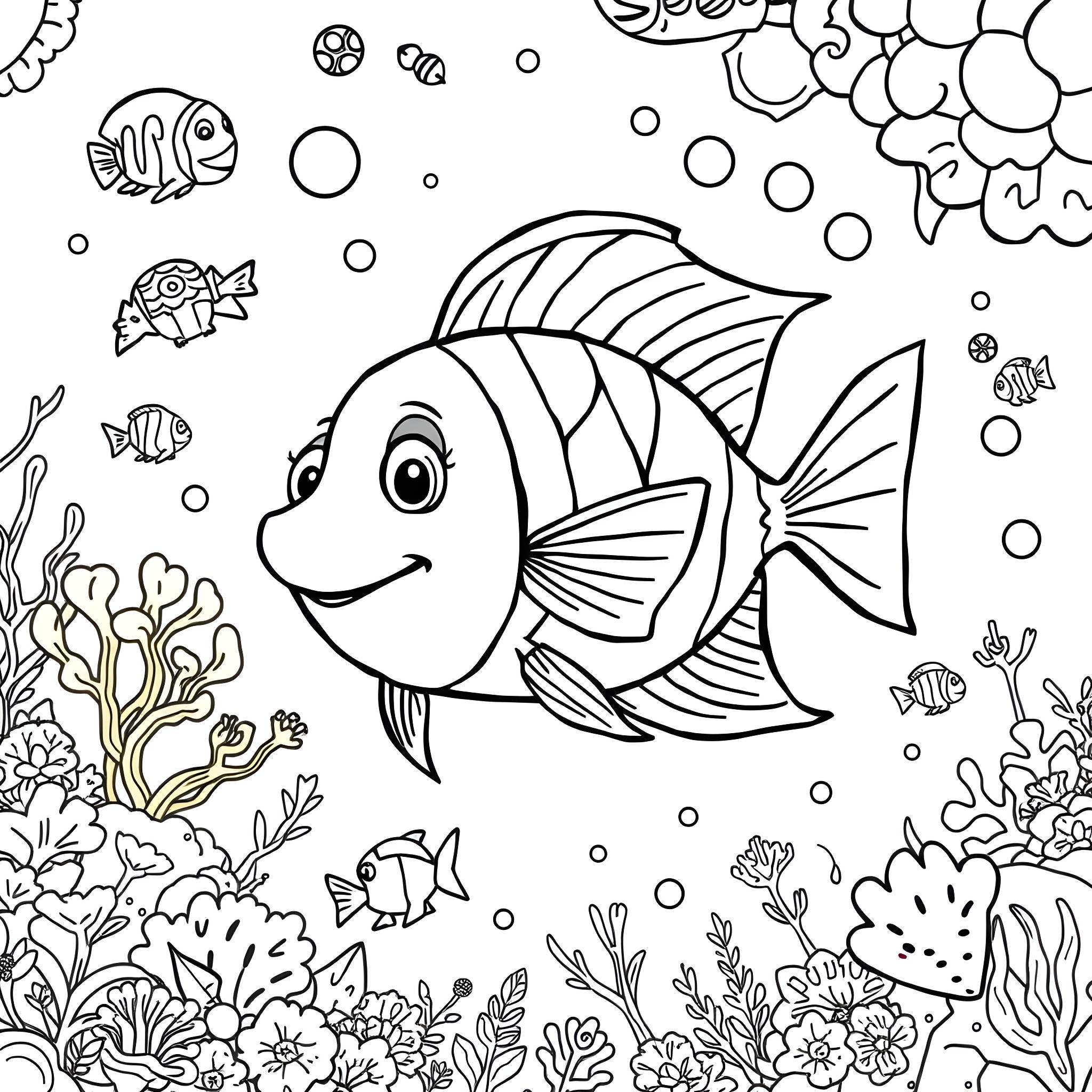 Lola's Underwater Adventure with Playful Fish Coloring Page (free black-and-white line drawing printable PDF for all, from beginners to advanced learners, including children, teens, adults, and seniors)