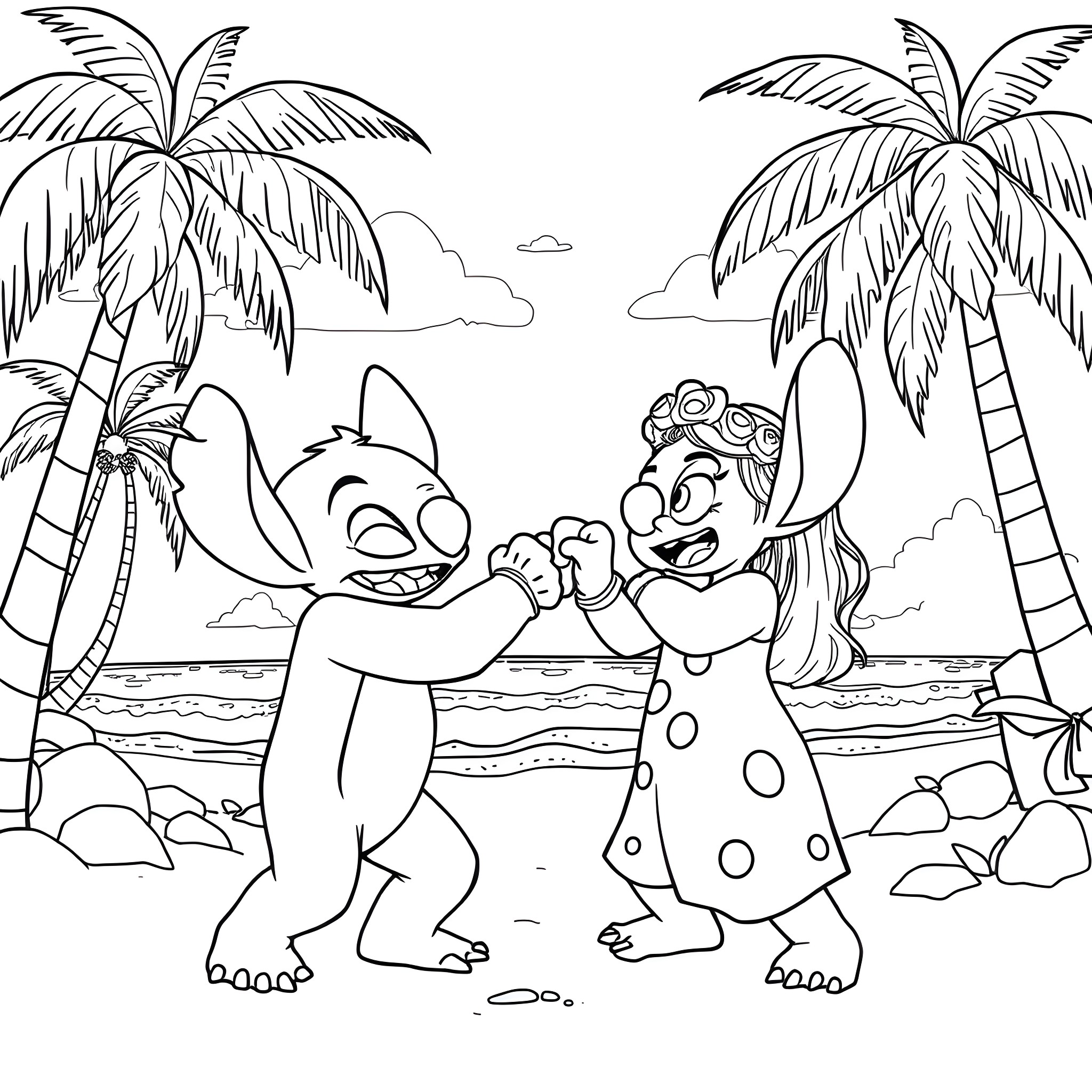 Lilo And Stitch Playing Happily on the Beach Coloring Page (free black-and-white line drawing printable PDF for all, from beginners to advanced learners, including children, teens, adults, and seniors)